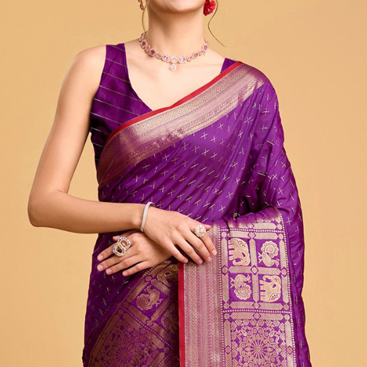 Purple Woven Pure Silk Saree With Tassels
