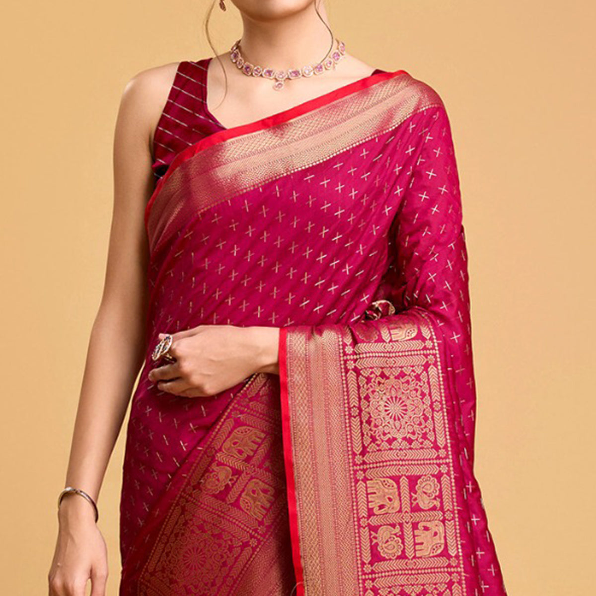 Rani Pink Woven Pure Silk Saree With Tassels