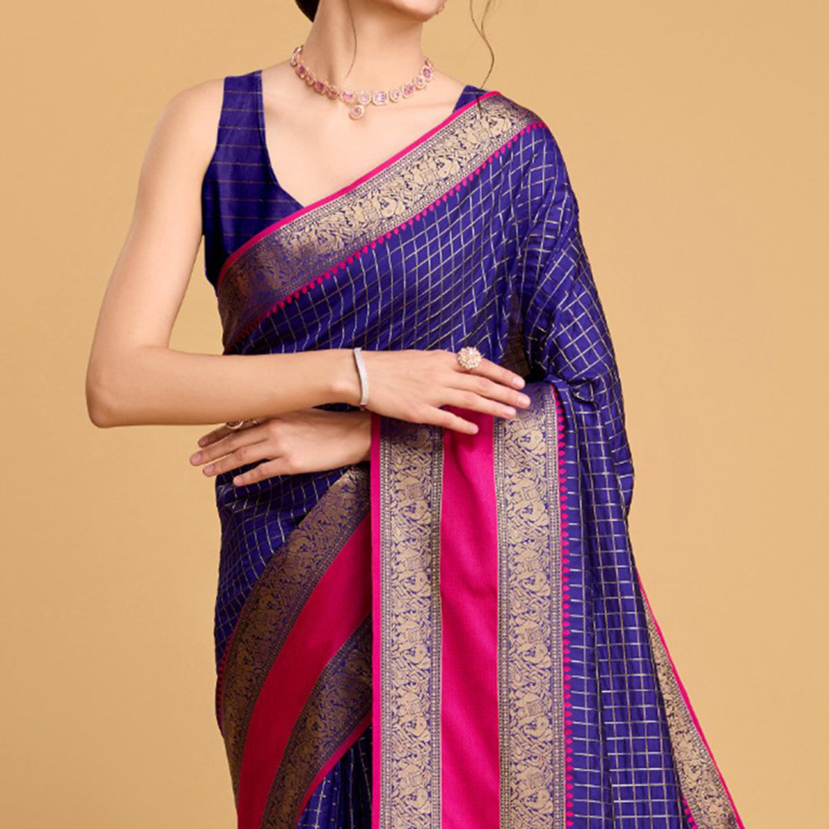 Blue Checks Woven Pure Silk Saree With Tassels
