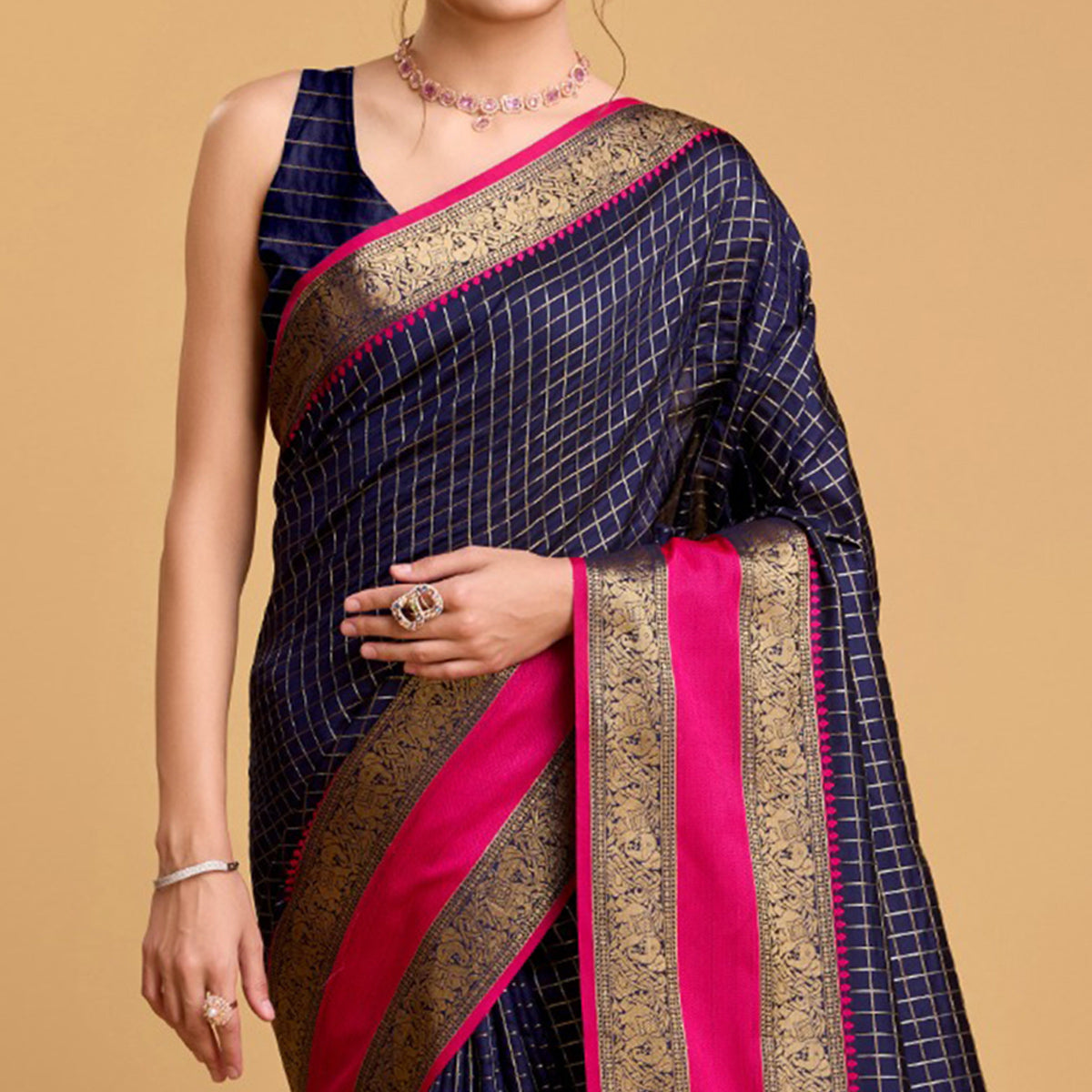 Navy Blue Checks Woven Pure Silk Saree With Tassels