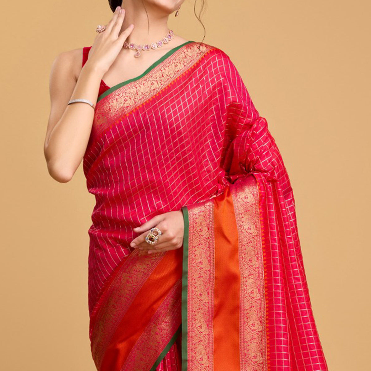 Pink Checks Woven Pure Silk Saree With Tassels