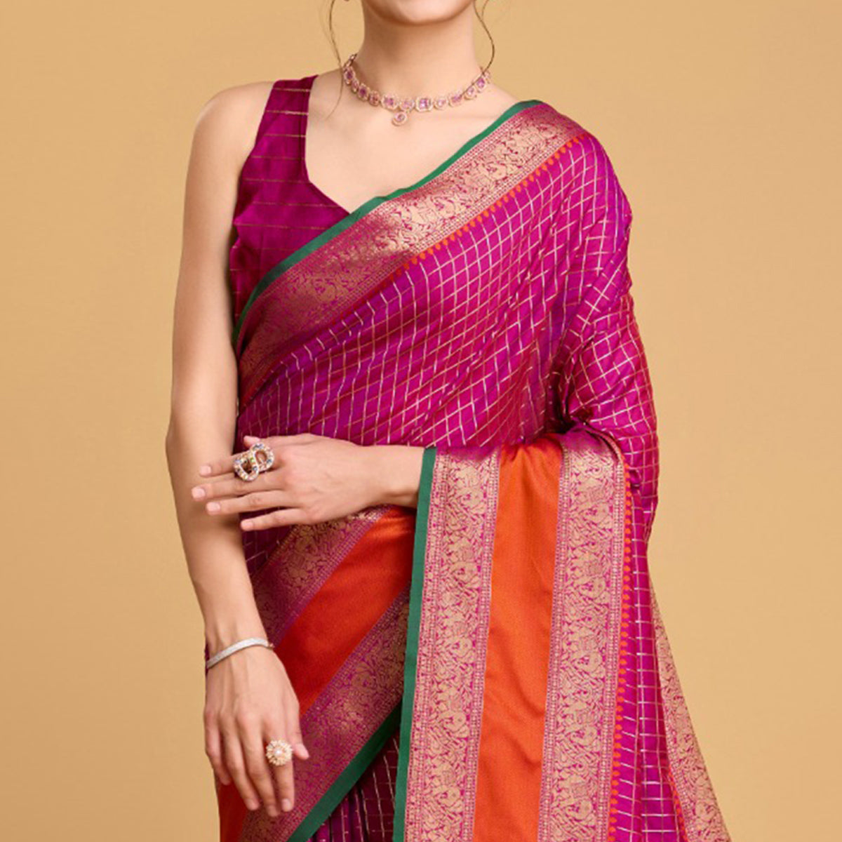 Purple Checks Woven Pure Silk Saree With Tassels