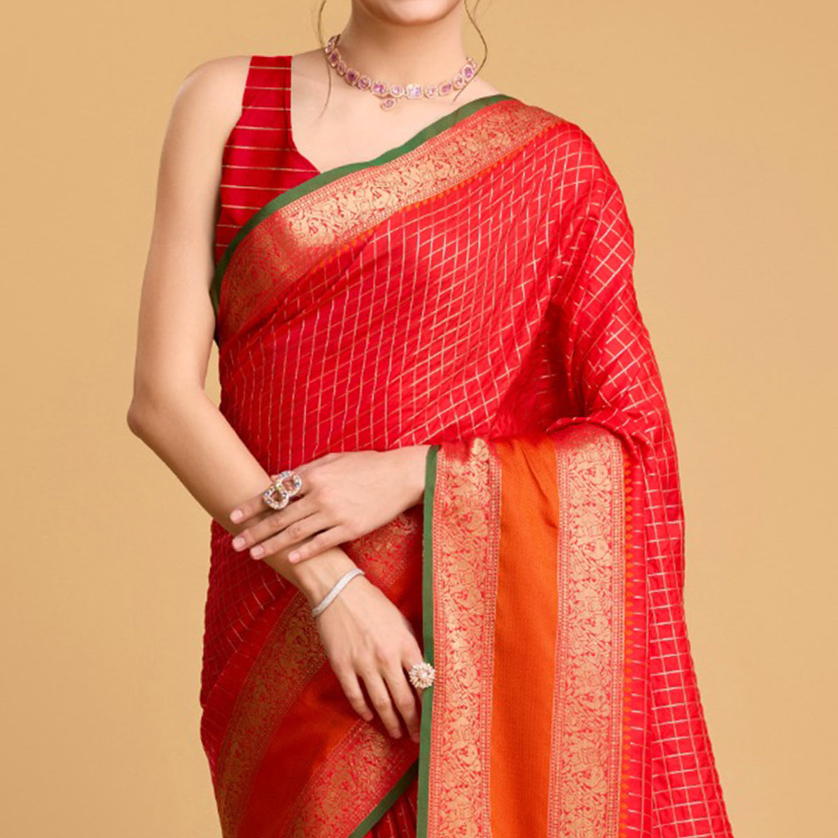 Red Checks Woven Pure Silk Saree With Tassels