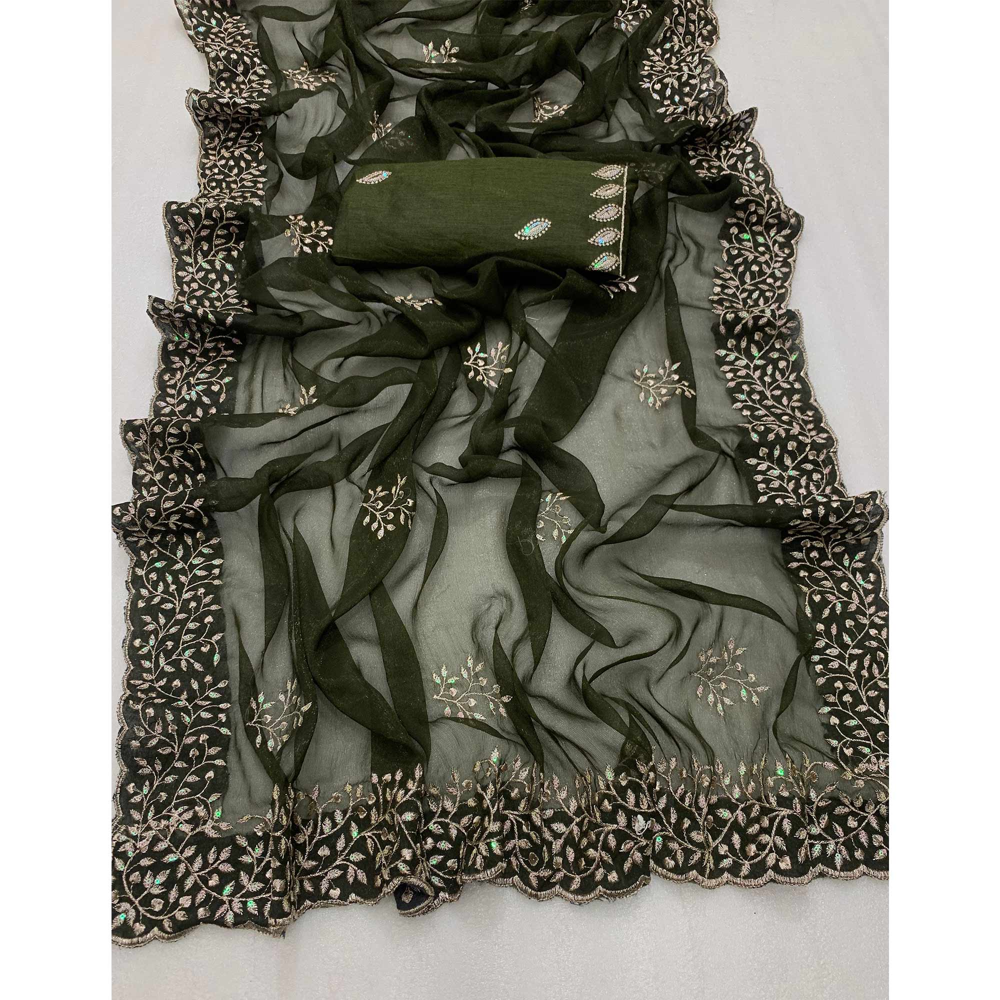 Mehendi Green Sequins Embroidered Shimmer Silk Saree