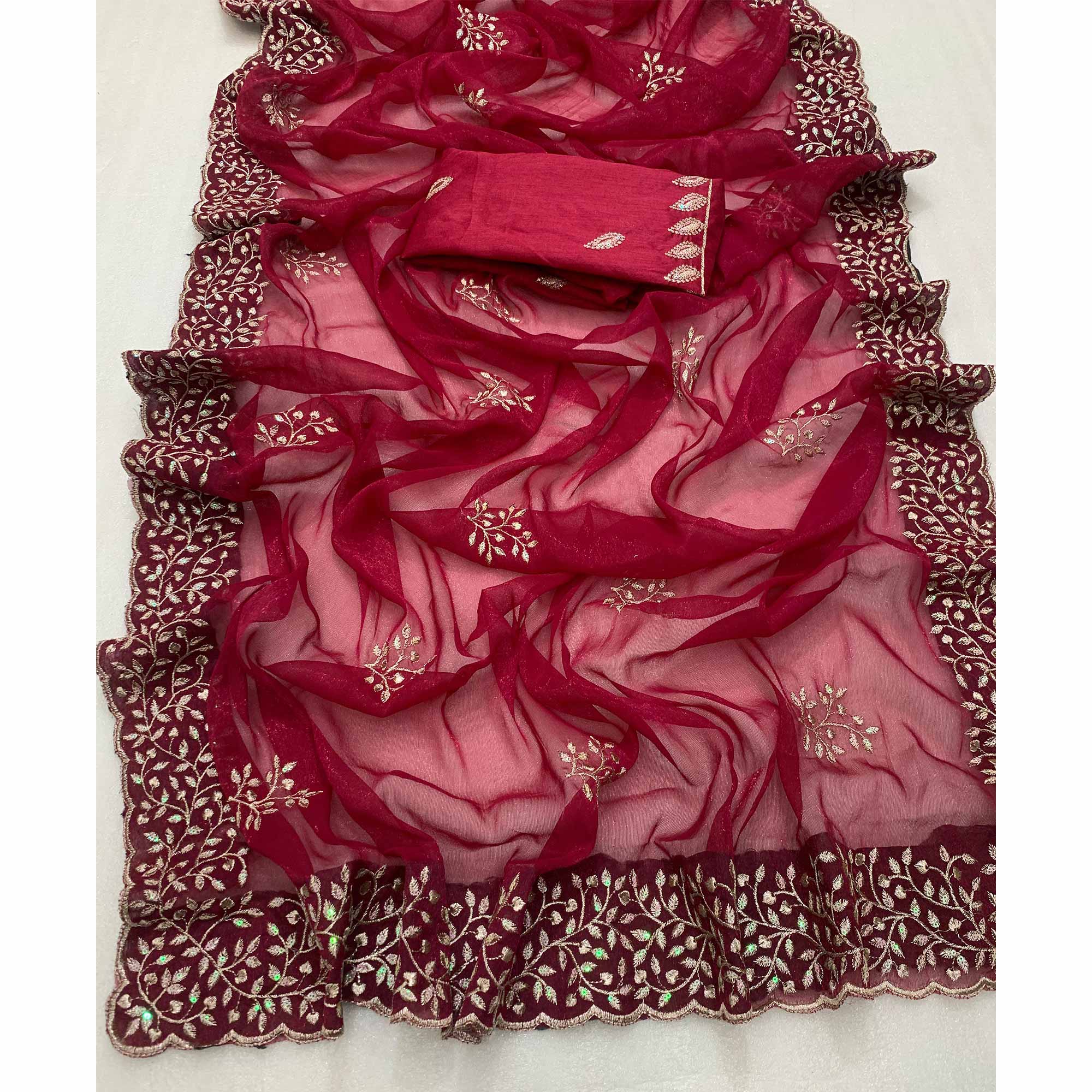 Pink Sequins Embroidered Shimmer Silk Saree