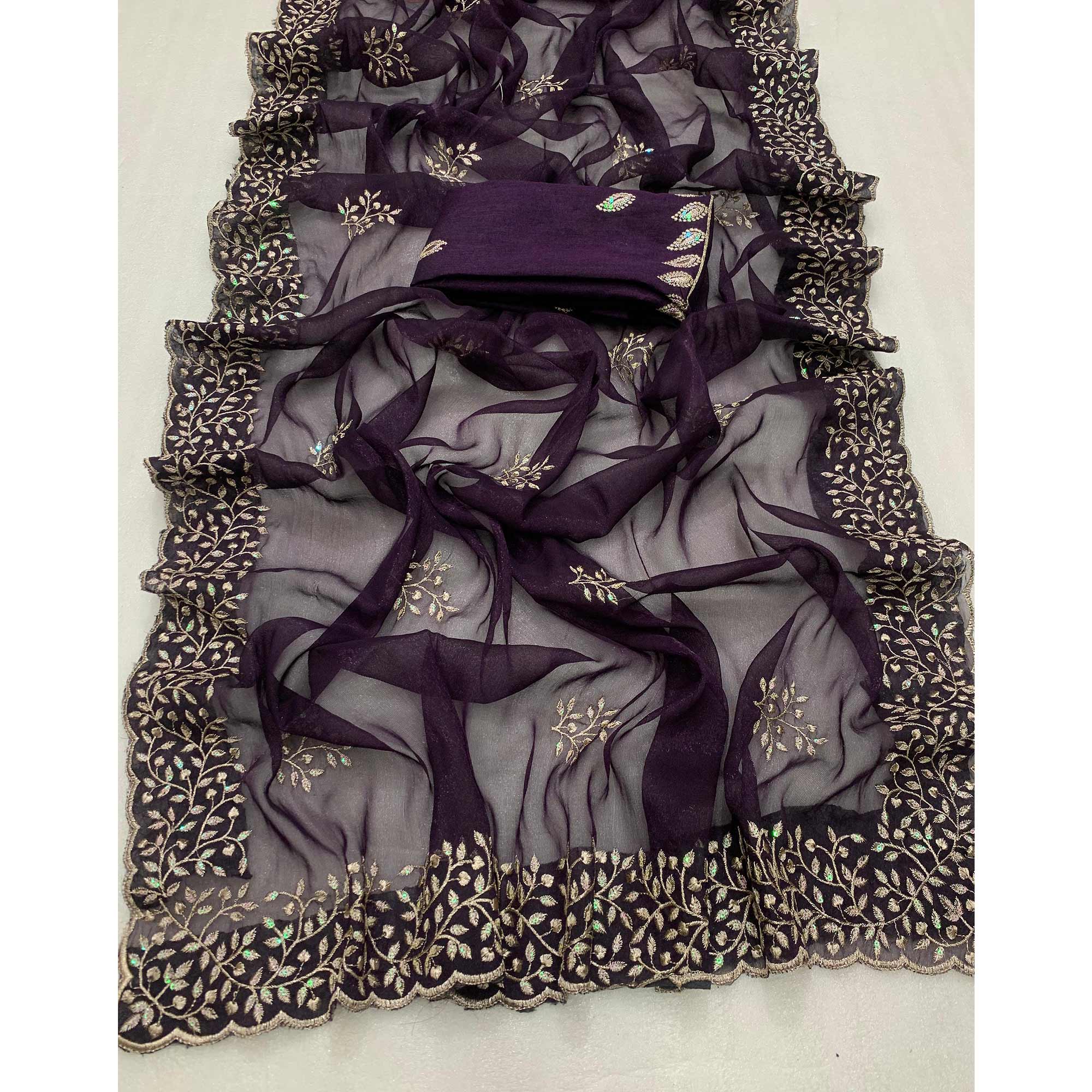 Purple Sequins Embroidered Shimmer Silk Saree