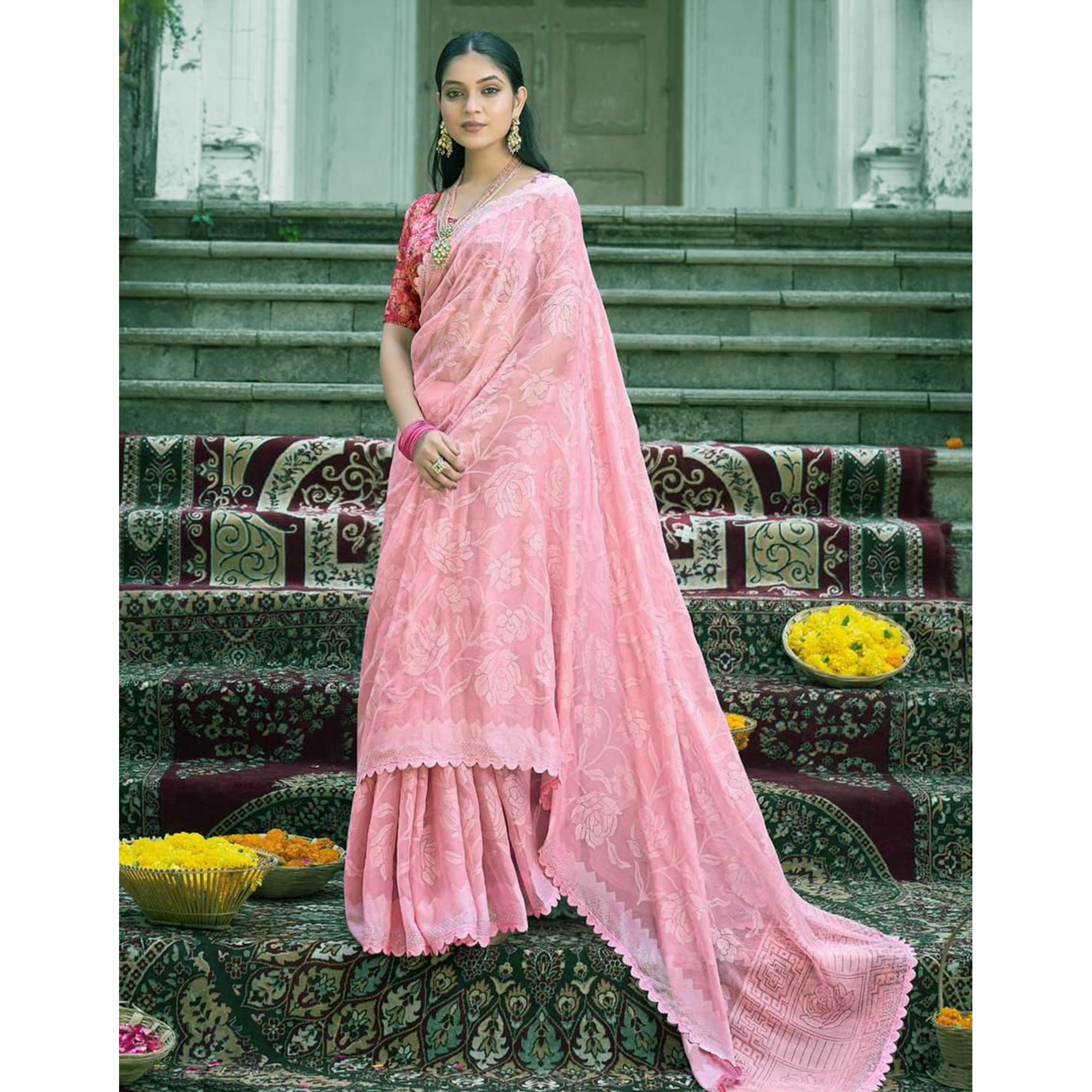 Pink Woven With Swarovski Work Brasso Saree