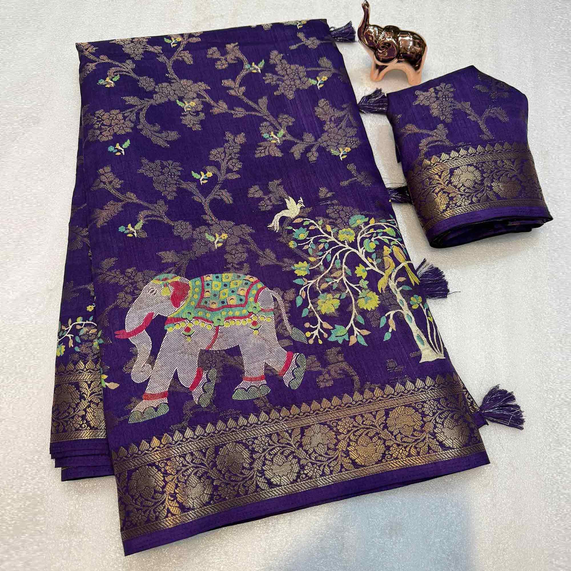 Exquisite Royal Purple Floral Weaving Tusser Jacquard Silk Saree With Elephant Motif Pallu