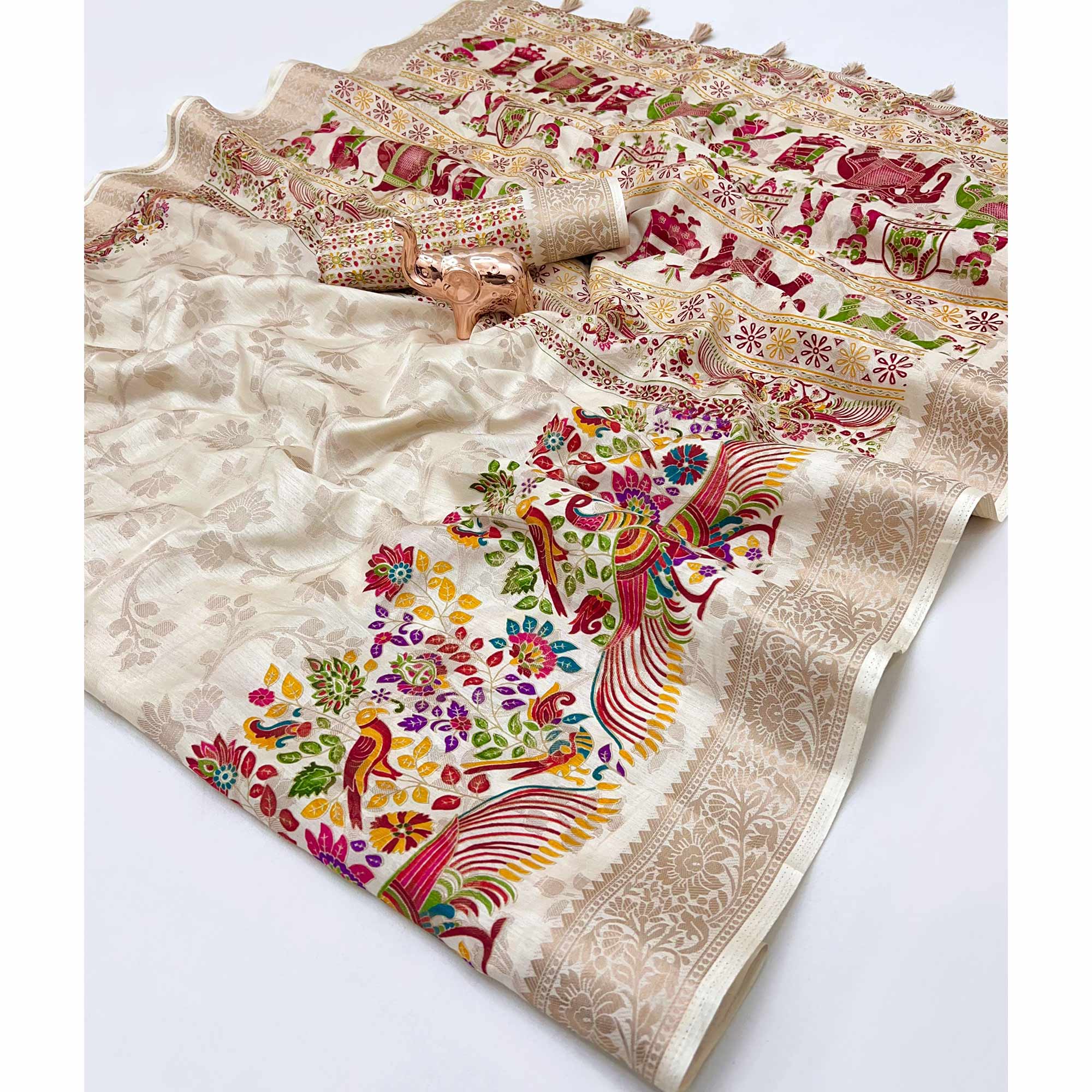 Cream Tussar Silk Jacquard Saree With Intricate Floral Zari Weaving & Tassel Border