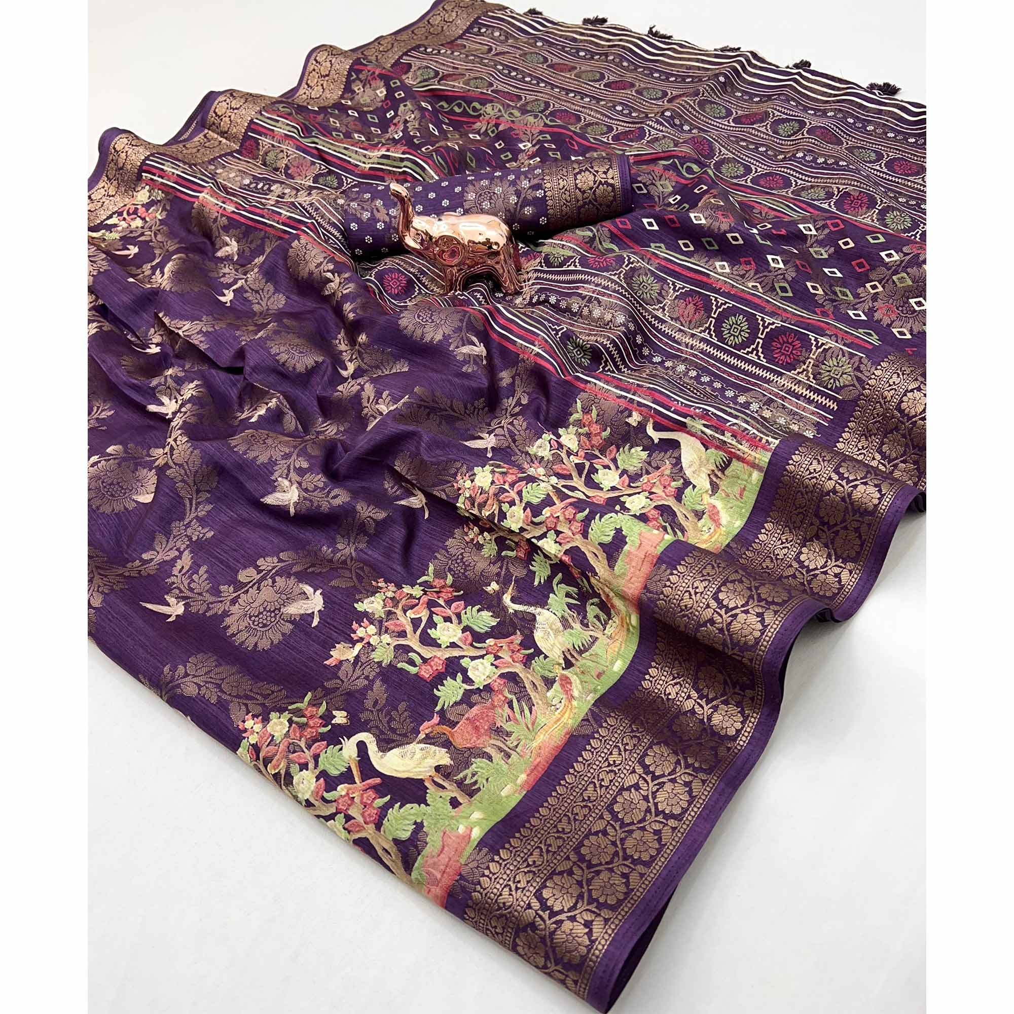 Purple Tussar Silk Jacquard Saree With Intricate Floral Zari Weaving & Tassel Border