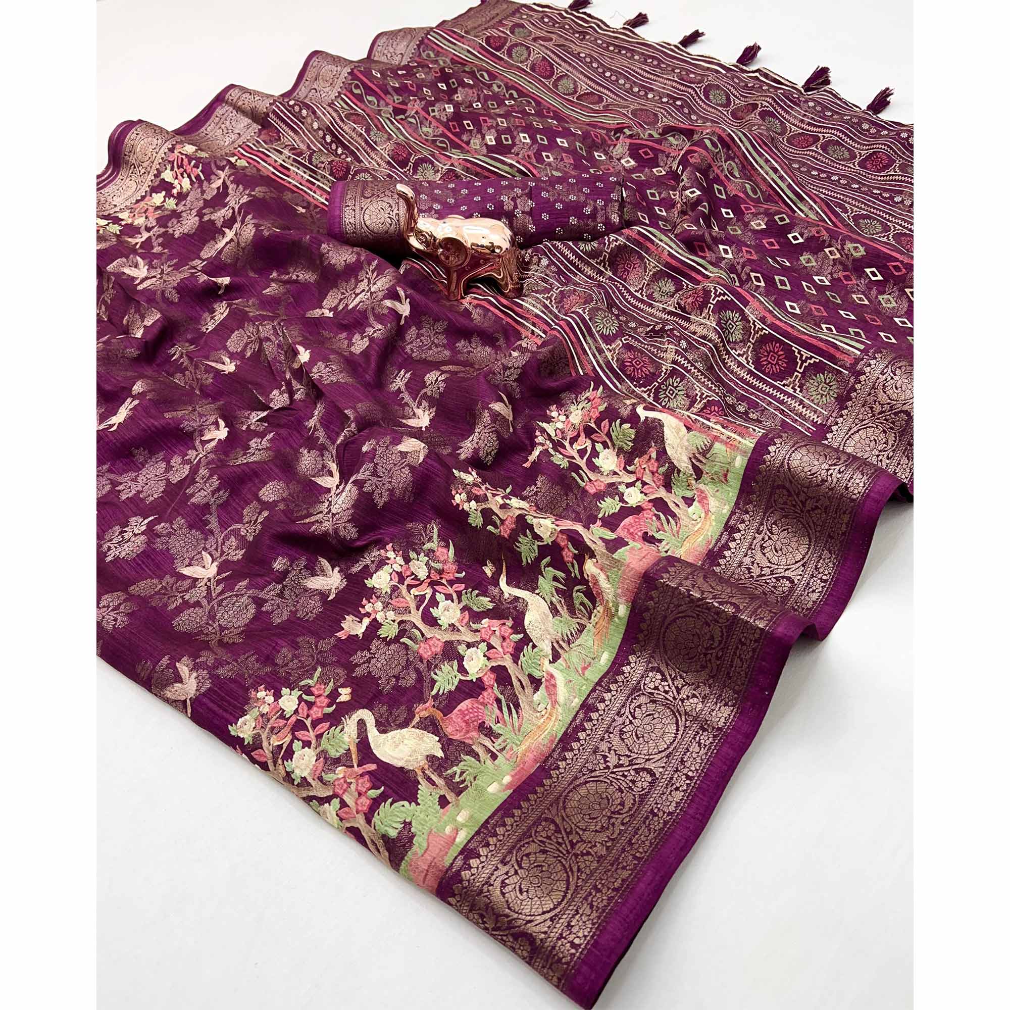 Wine Tussar Silk Jacquard Saree With Intricate Floral Zari Weaving & Tassel Border