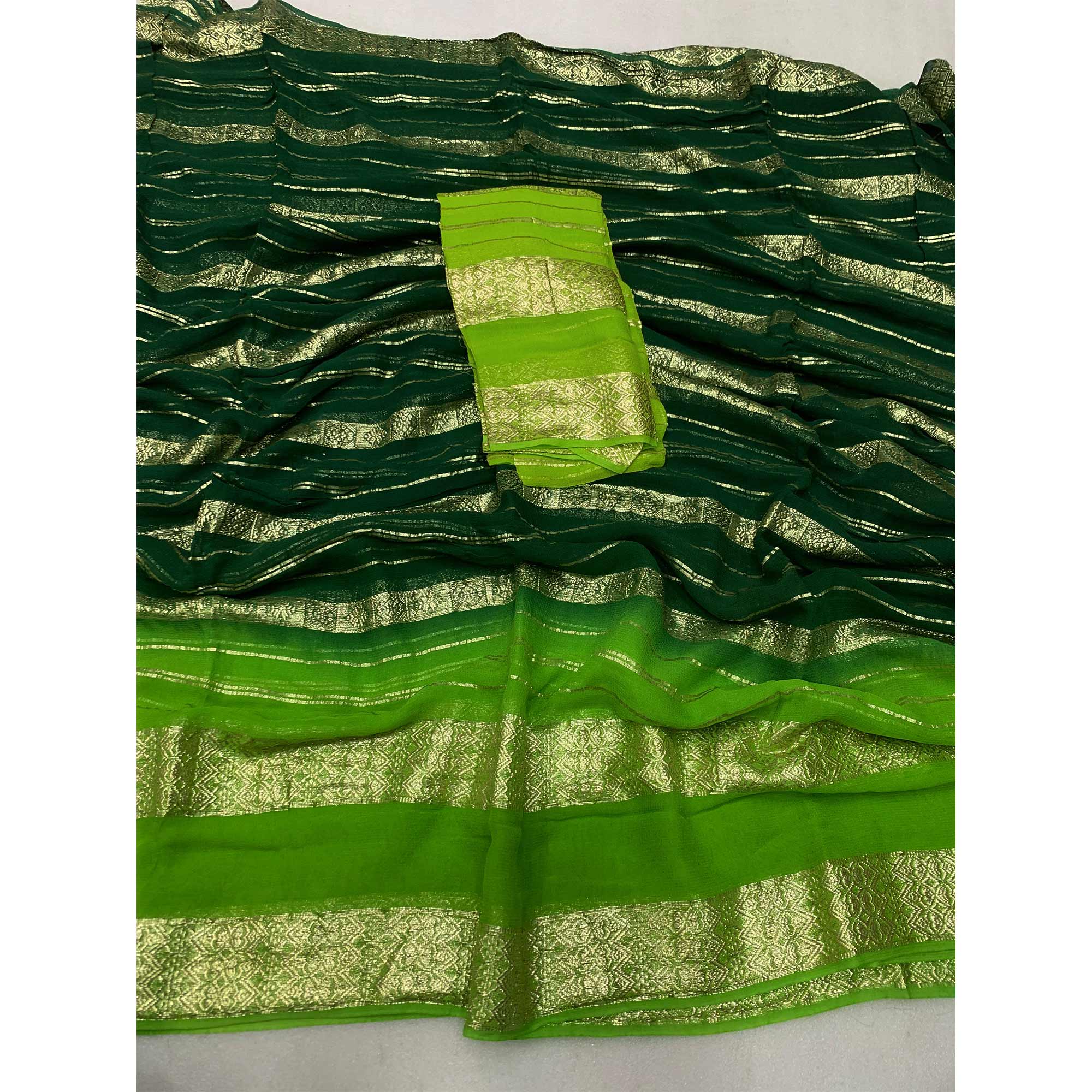 Green Striped Zari Woven Viscose Georgette Saree