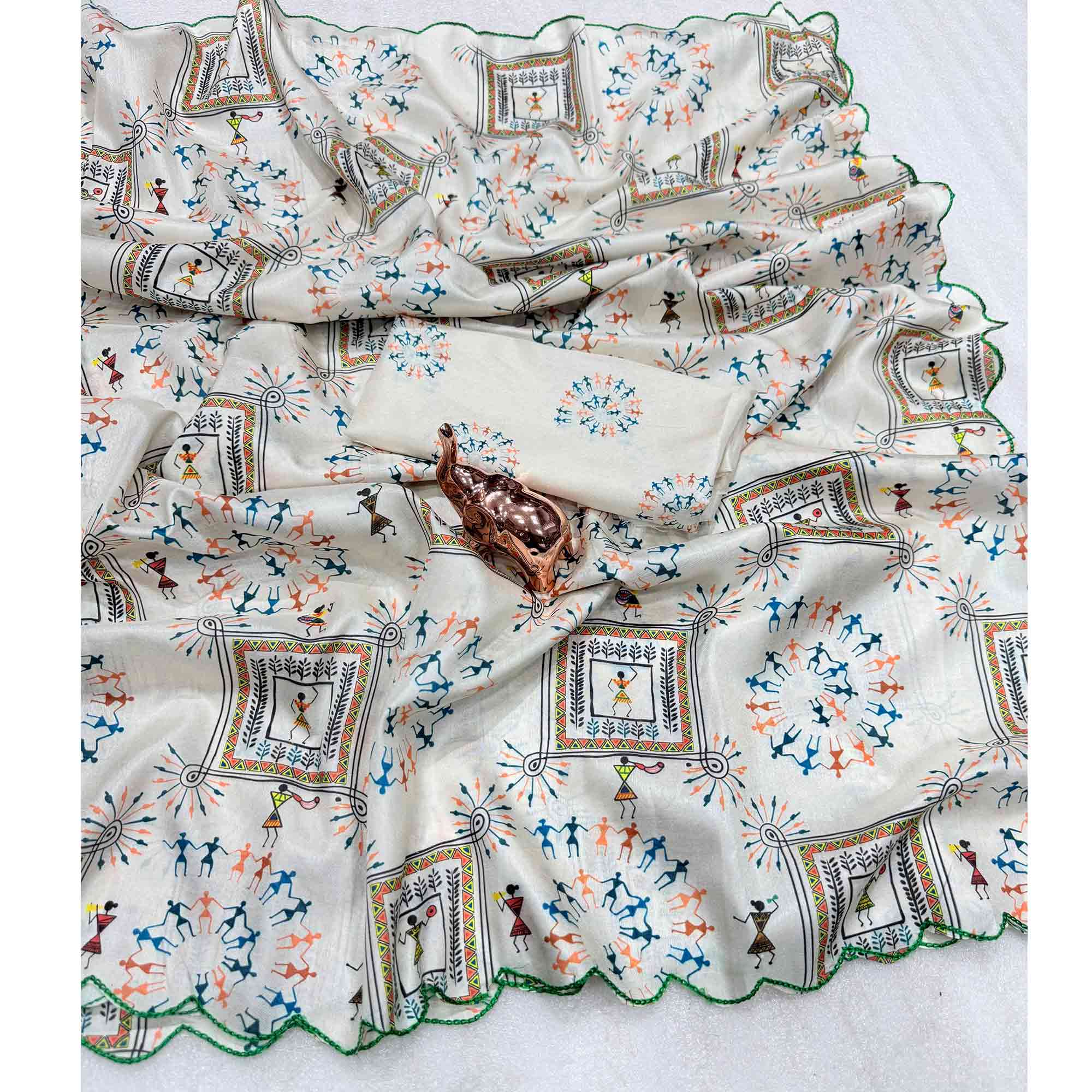Charming Off White Soft Dola Silk Saree Featuring Intricate Warli Print