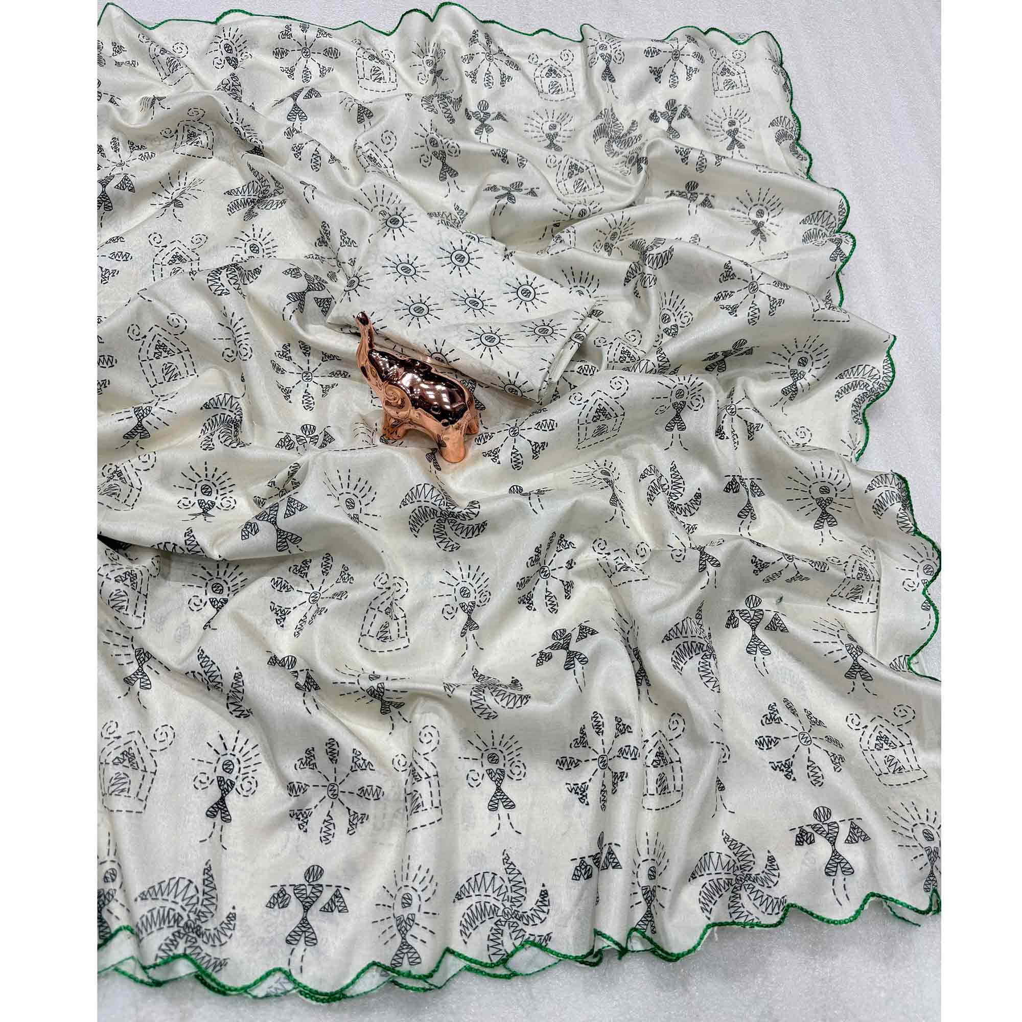 Minimalist Off White Warli Printed Saree in Comfortable Soft Dola Silk Fabric