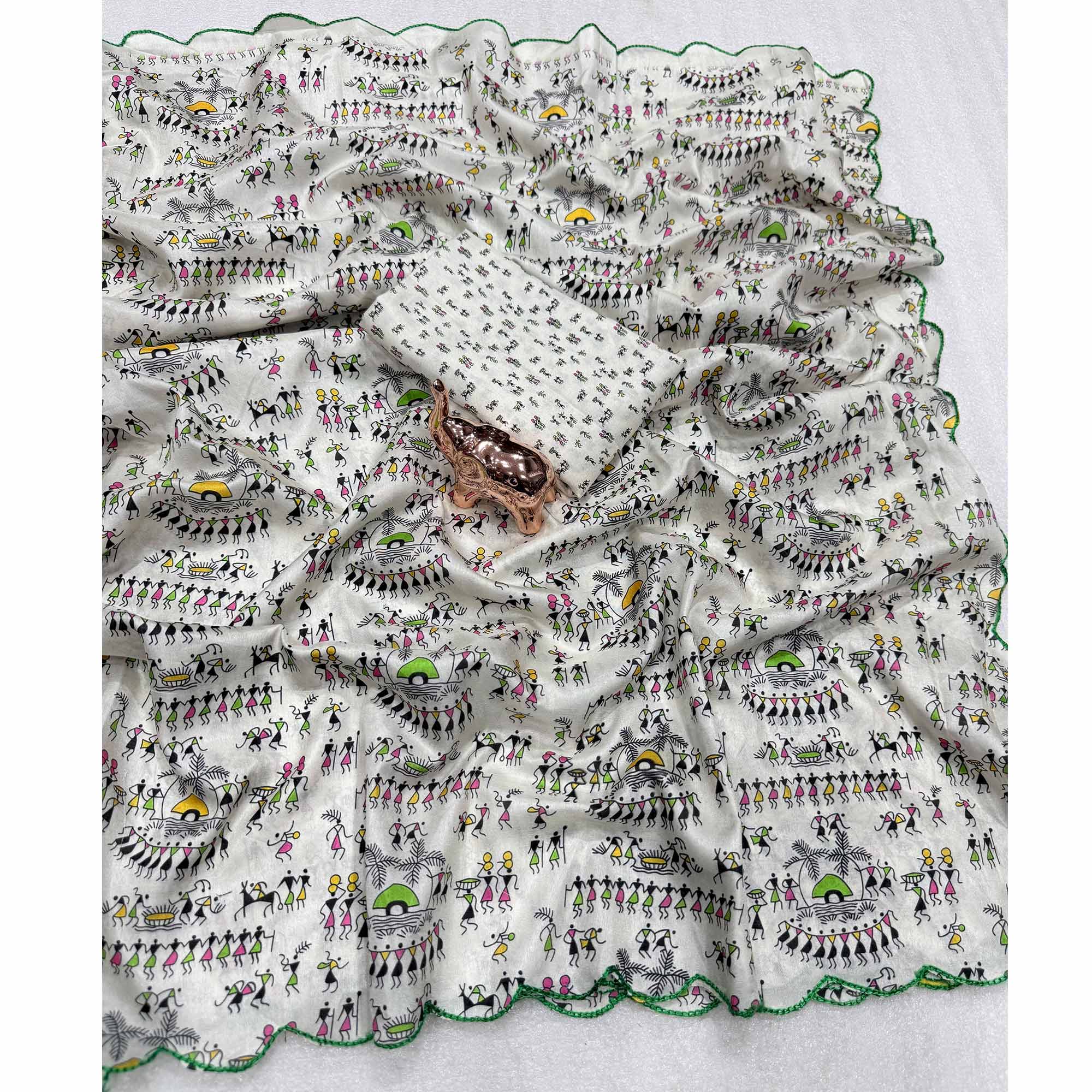 Elegant Off White Dola Silk Saree with Traditional Warli Print