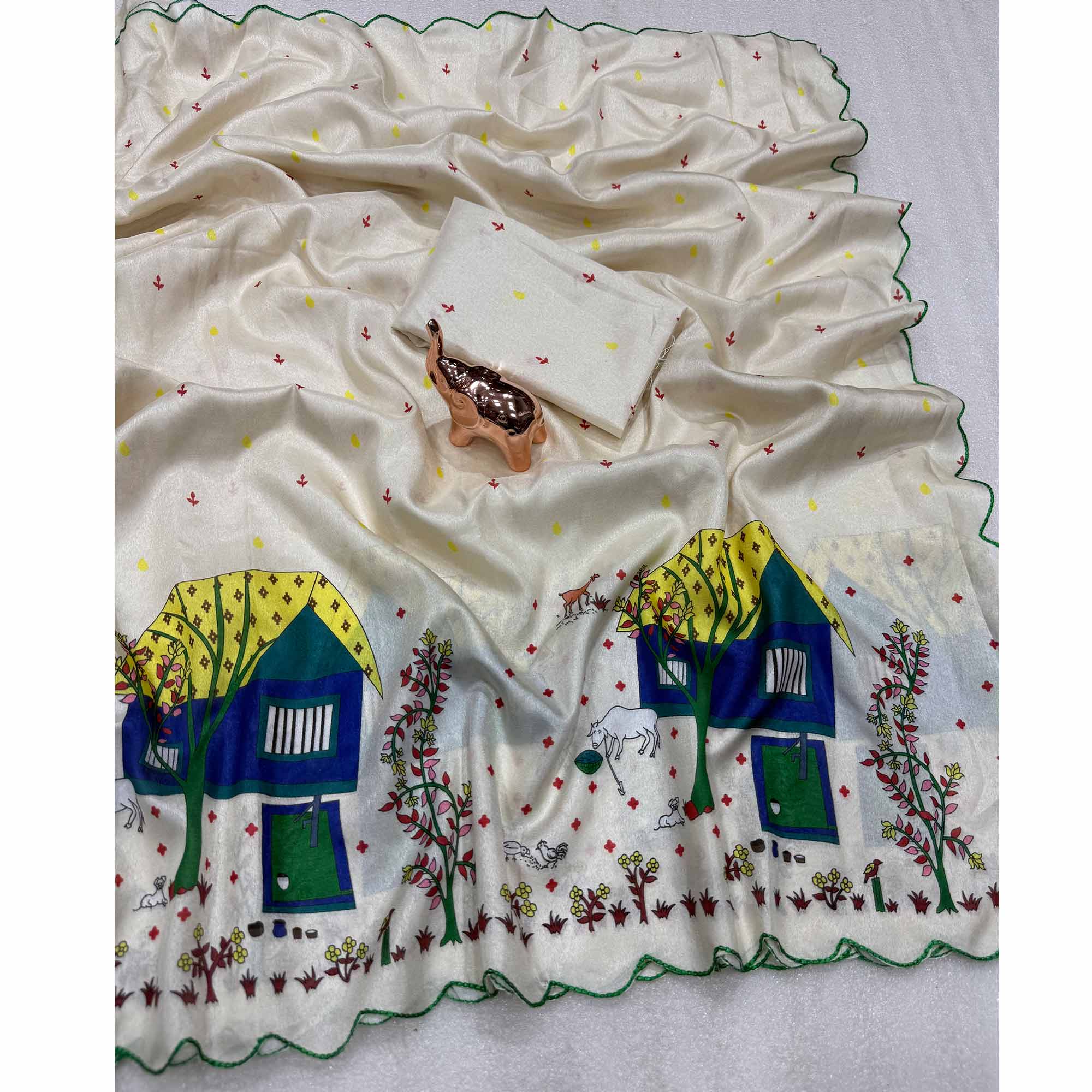 Designer Off White Soft Dola Silk Saree with Subtle Warli Print Detailing