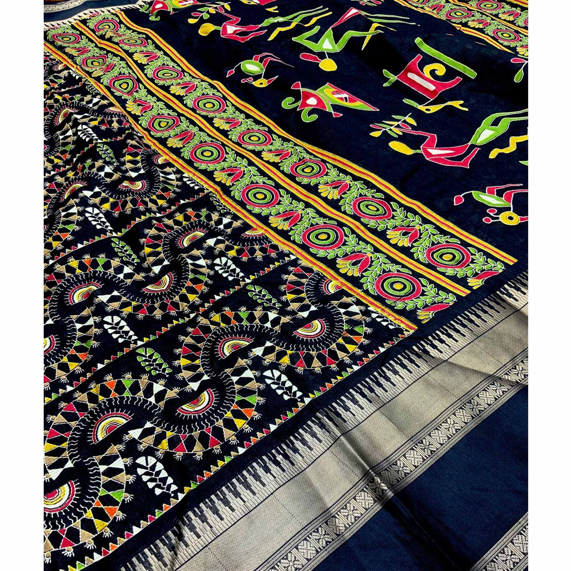 Black Warli Printed Crepe Saree With Zari Border