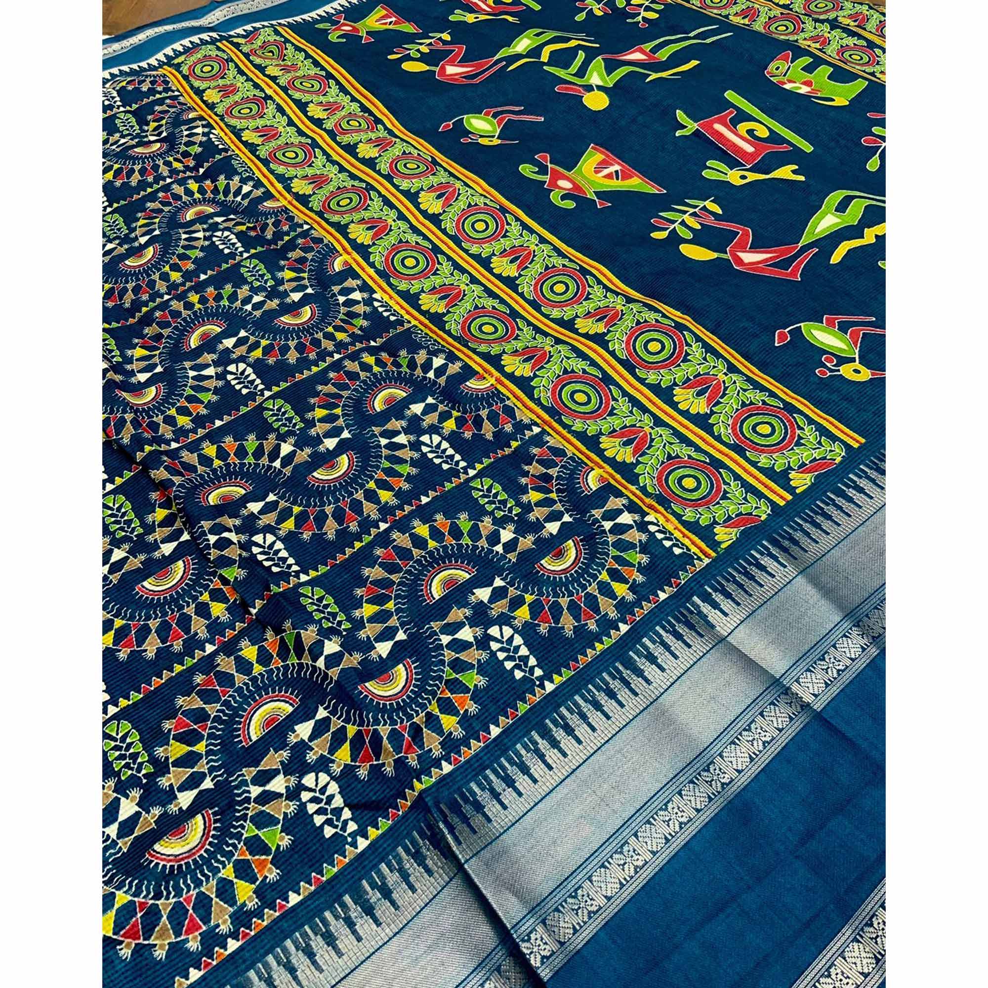 Blue Warli Printed Crepe Saree With Zari Border