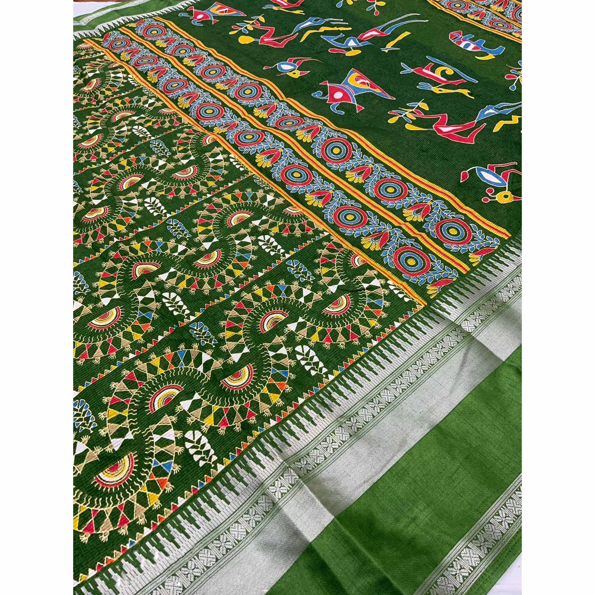 Green Warli Printed Crepe Saree With Zari Border