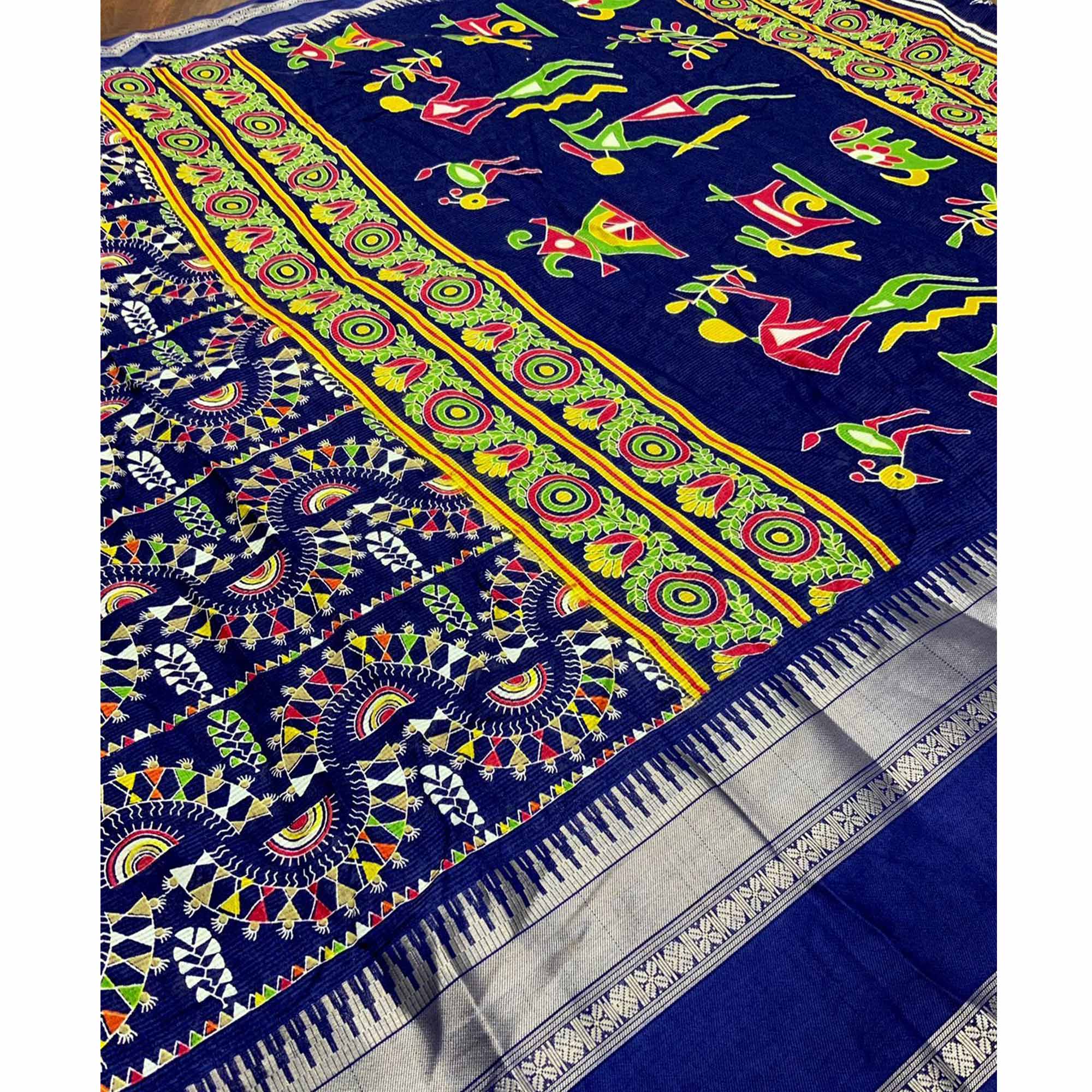 Navy Blue Warli Printed Crepe Saree With Zari Border