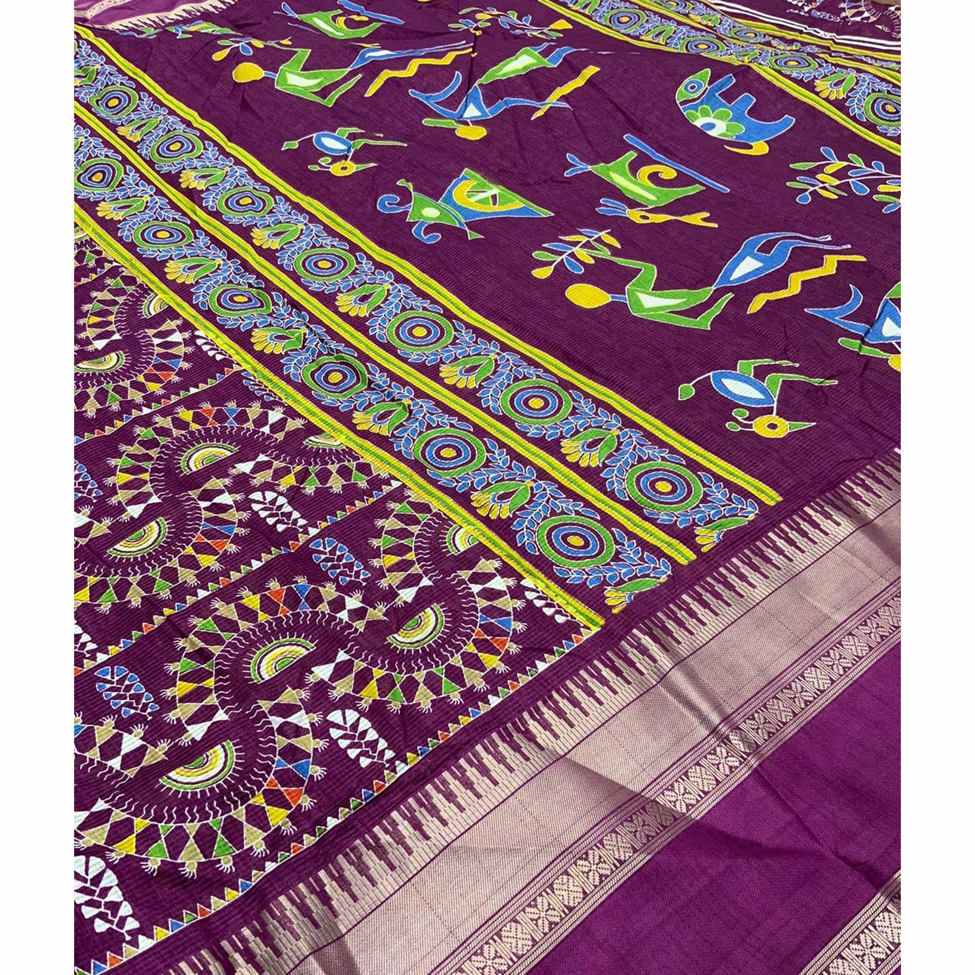 Purple Warli Printed Crepe Saree With Zari Border