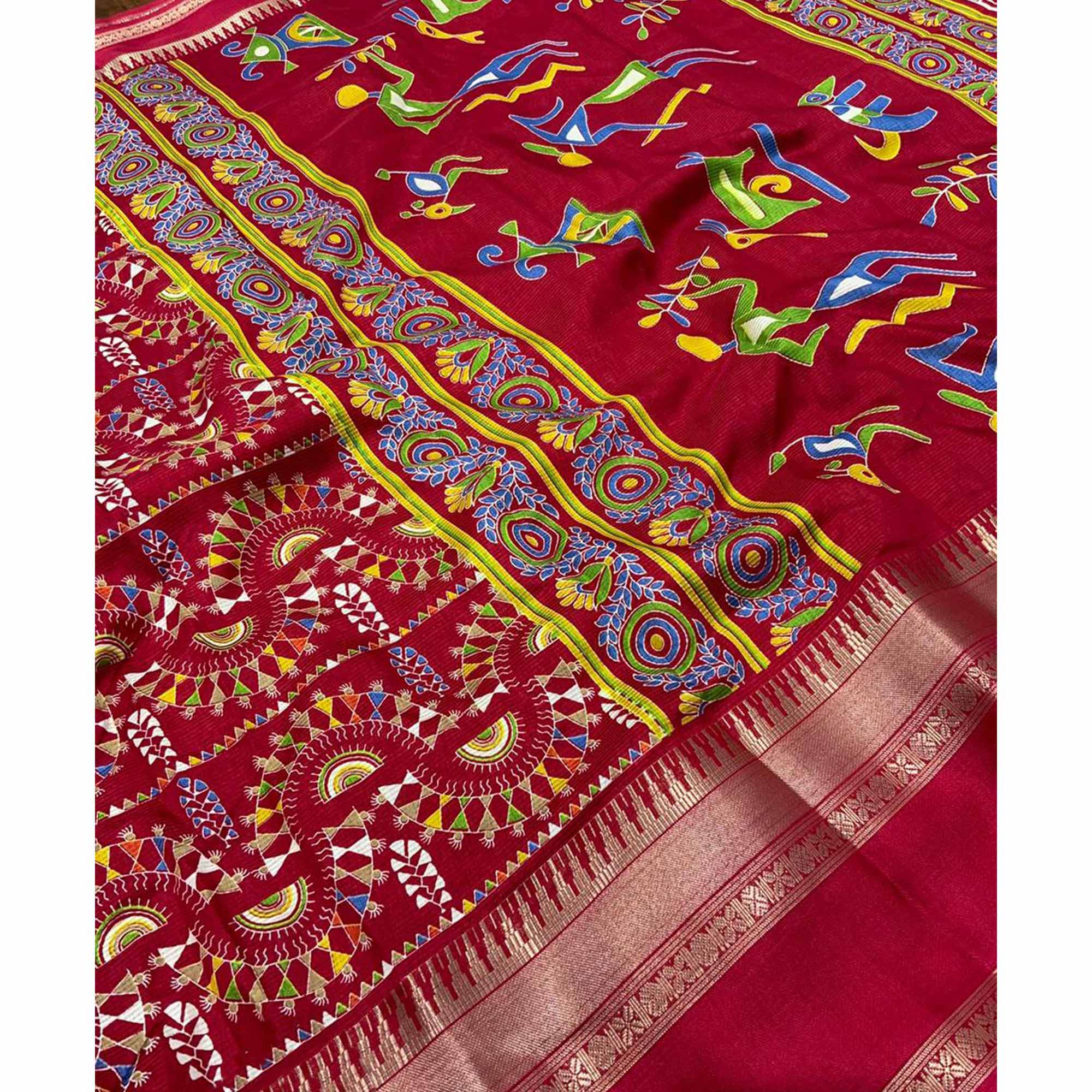 Red Warli Printed Crepe Saree With Zari Border