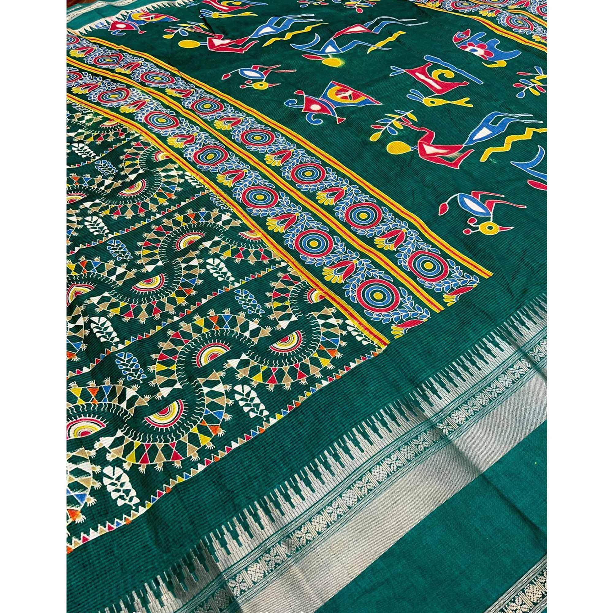 Rama Green Warli Printed Crepe Saree With Zari Border