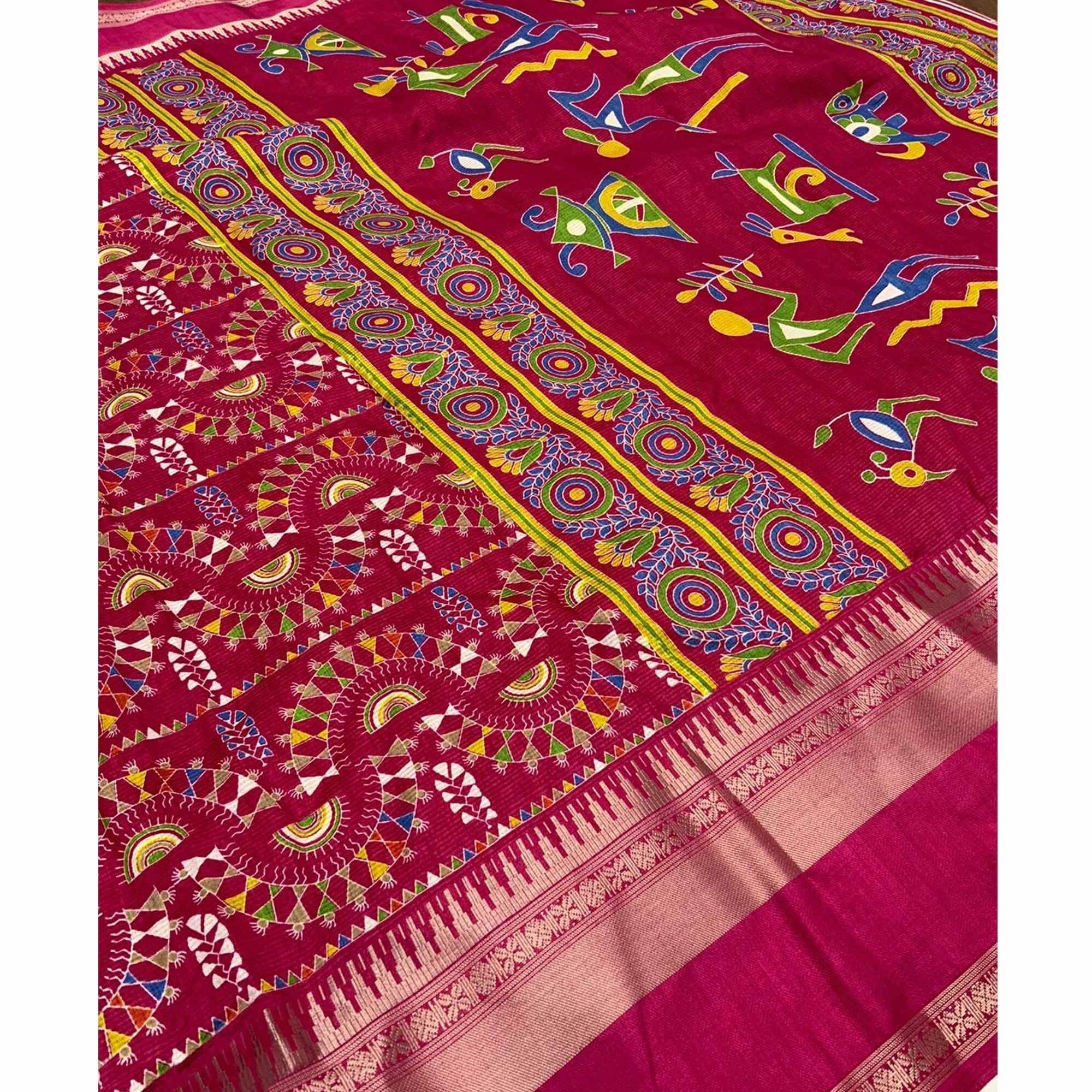 Rani Pink Warli Printed Crepe Saree With Zari Border