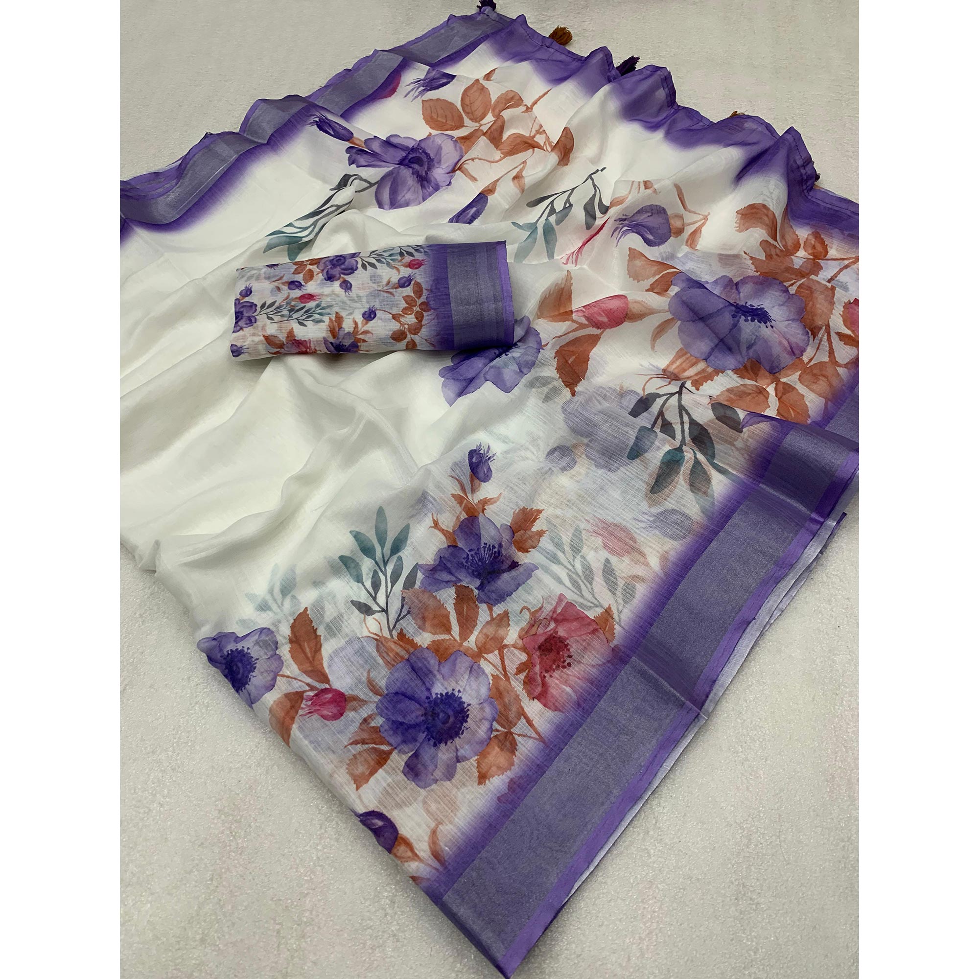 White & Lavender Printed Linen Saree With Zari Work