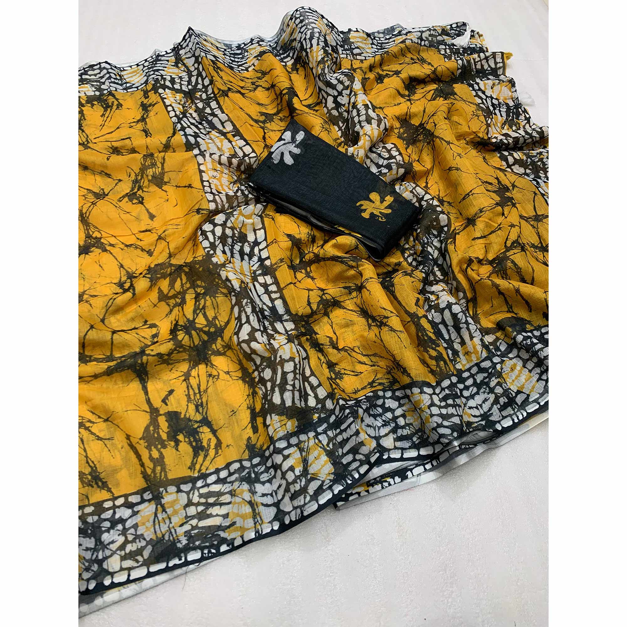 Mustard Digital Printed Linen Cotton Saree