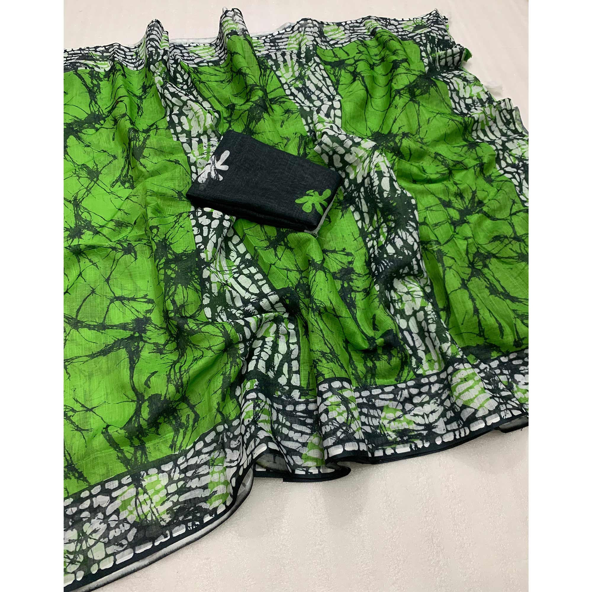 Parrot Green Digital Printed Linen Cotton Saree