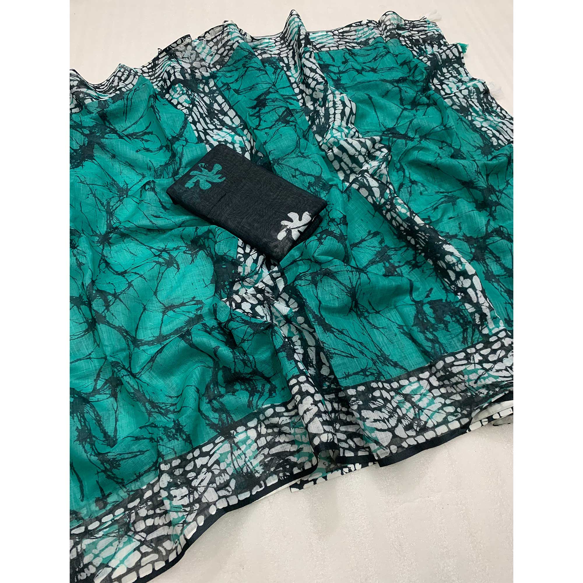 Turquoise Digital Printed Linen Cotton Saree