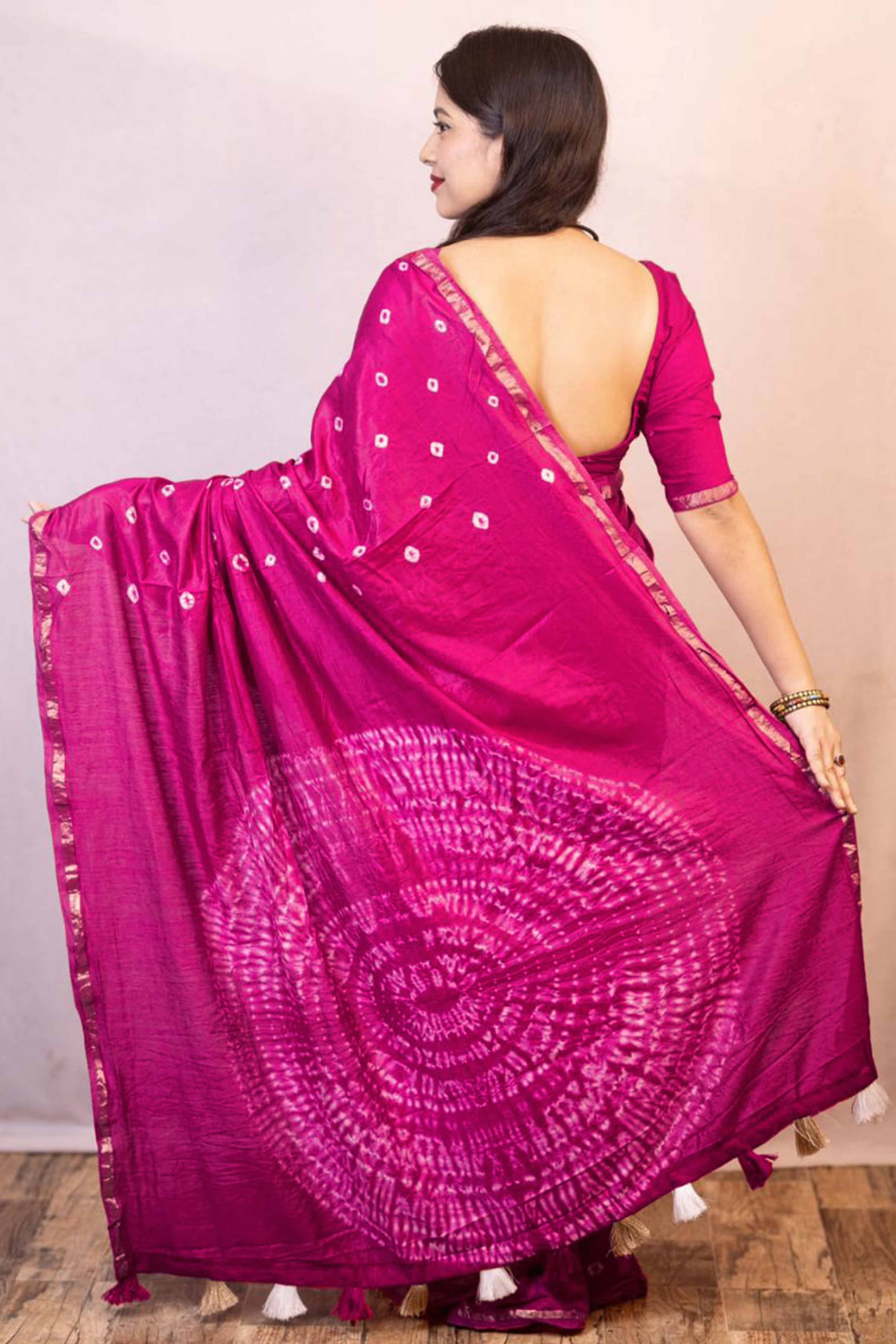 Rani Pink Bandhani Digital Printed Linen Cotton Saree