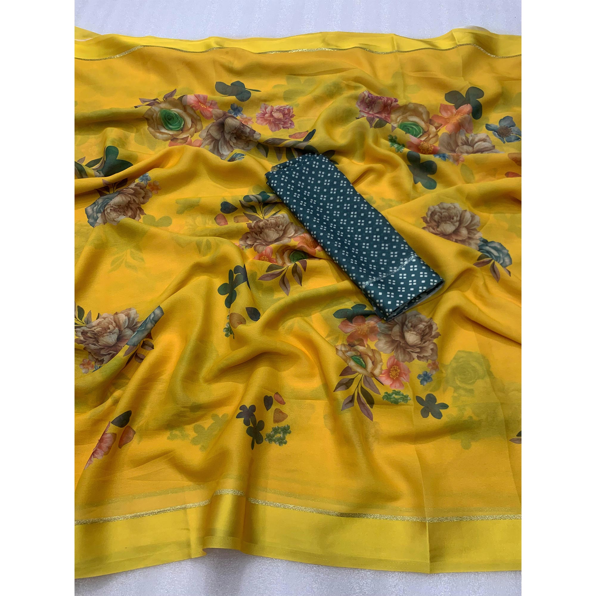 Yellow Floral Printed Moss Chiffon Saree With Zari Border