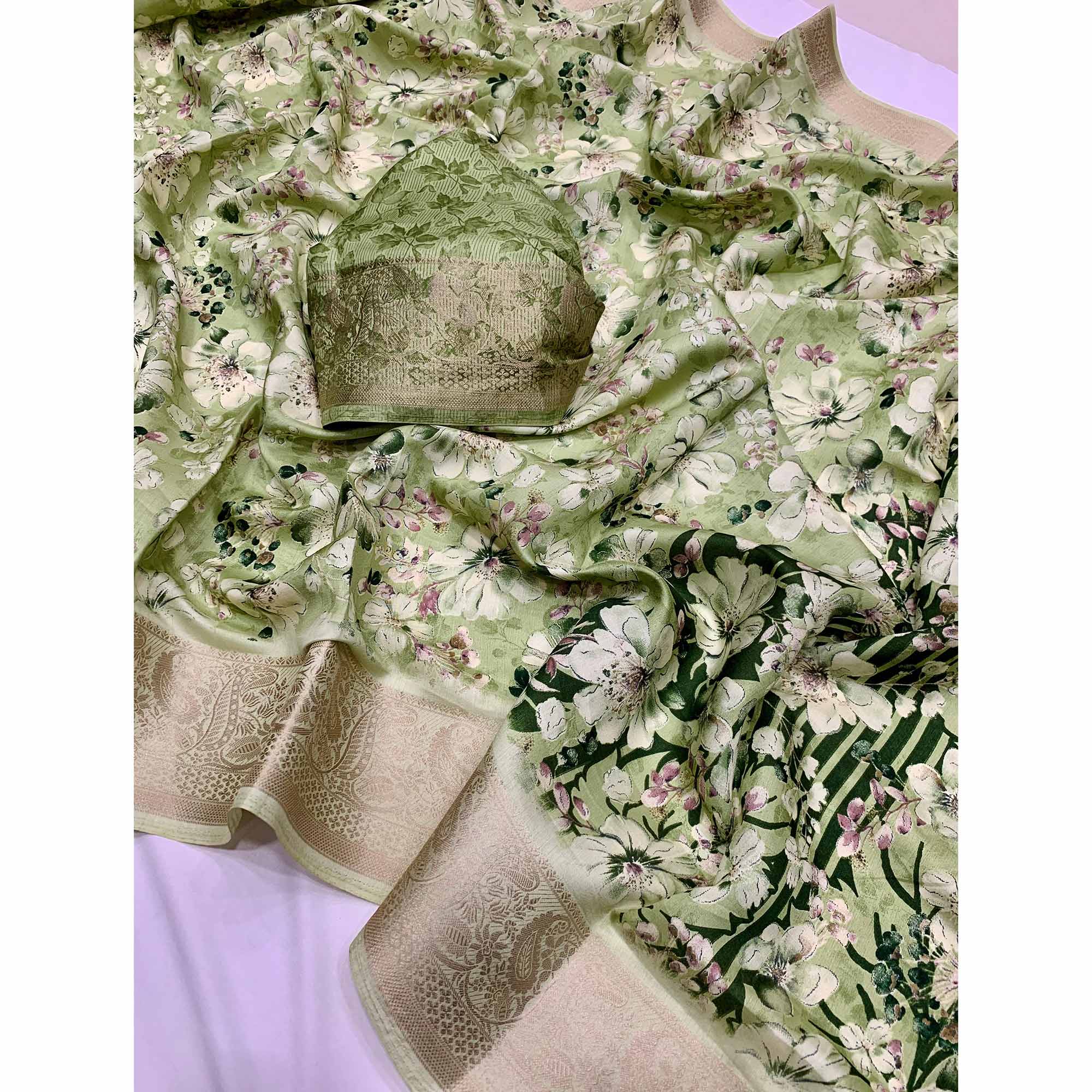 Green Floral Printed Dola Silk Saree With Weaving Border