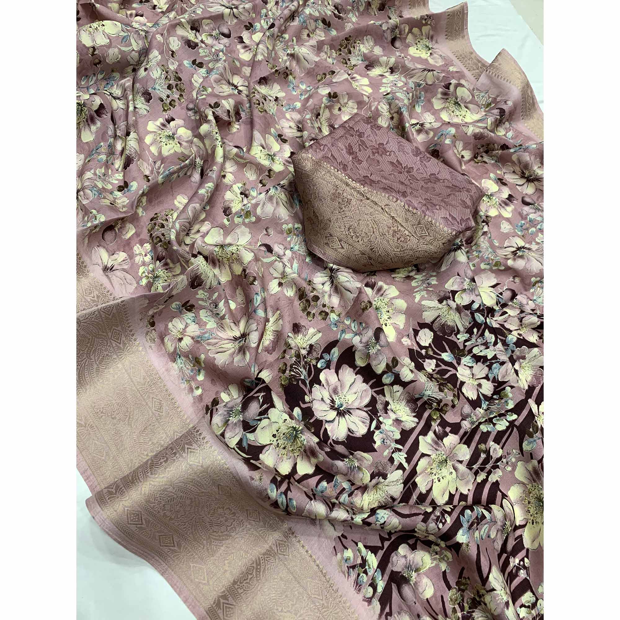 Mauve Floral Printed Dola Silk Saree With Weaving Border