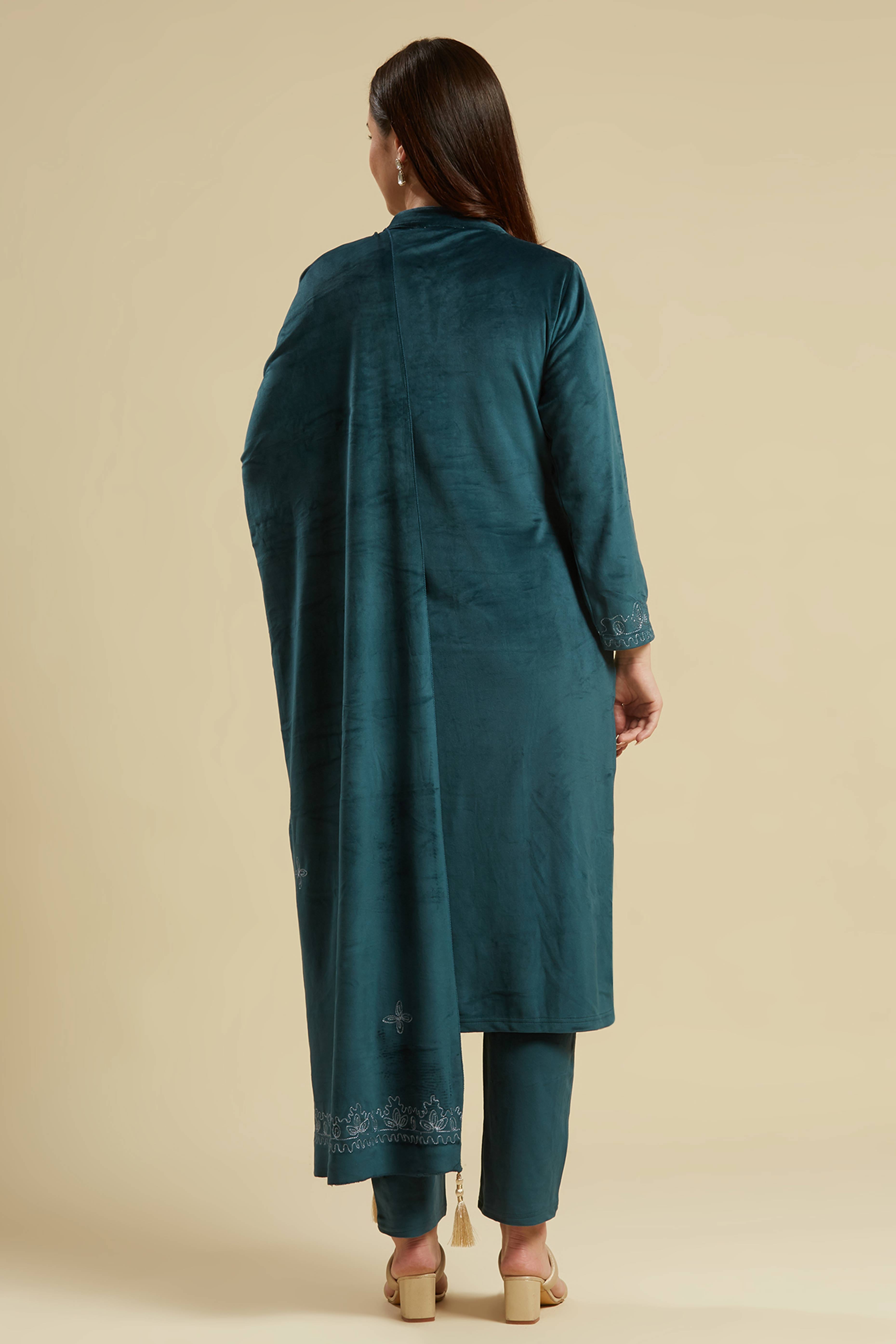 Rama Blue Embroidered Velvet Straight Salwar Suit