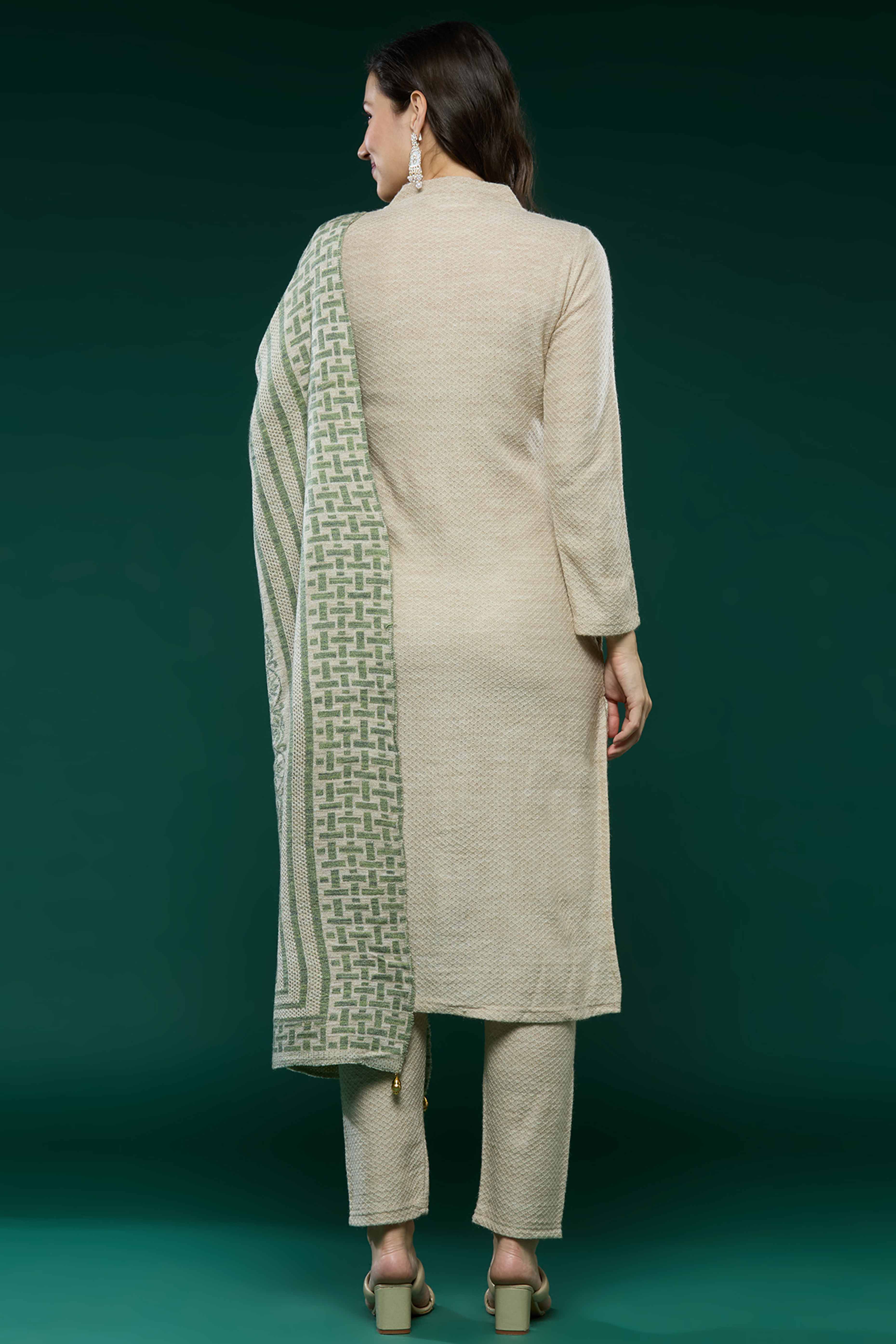 Beige Woven Woolen Straight Salwar Suit
