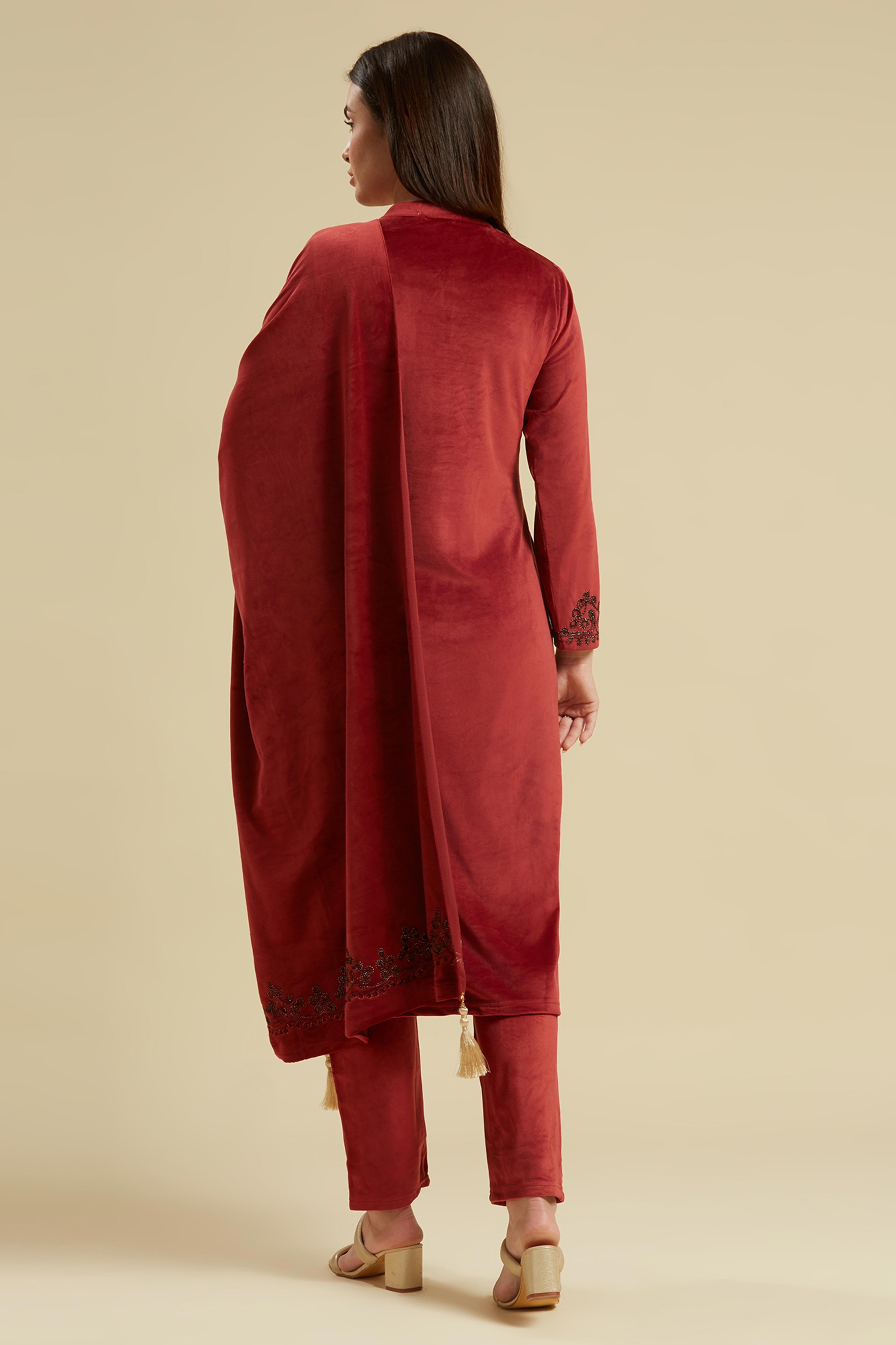 Wine Embroidered Velvet Straight Salwar Suit