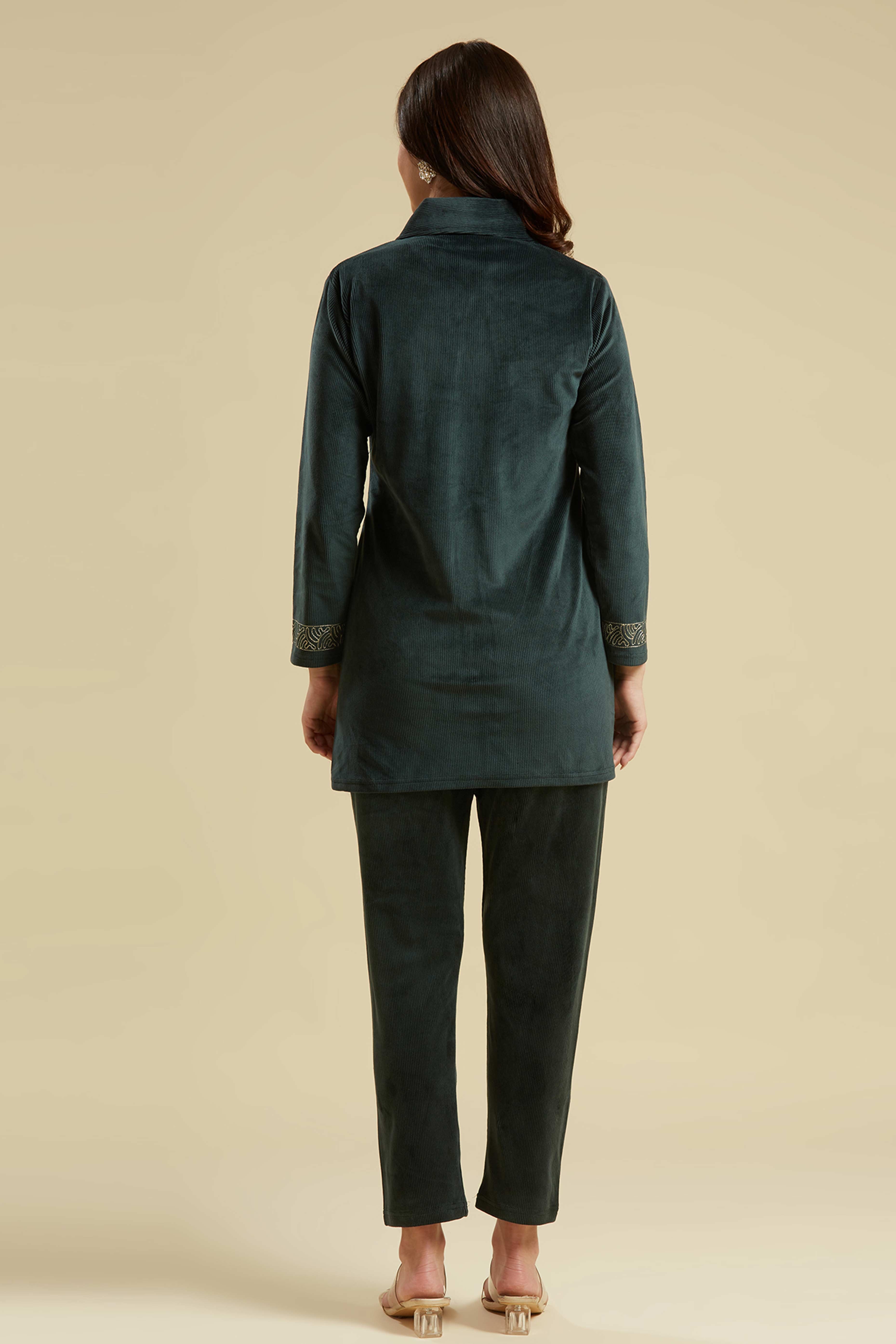 Green Embroidered Velvet Front Slit Top Bottom Set