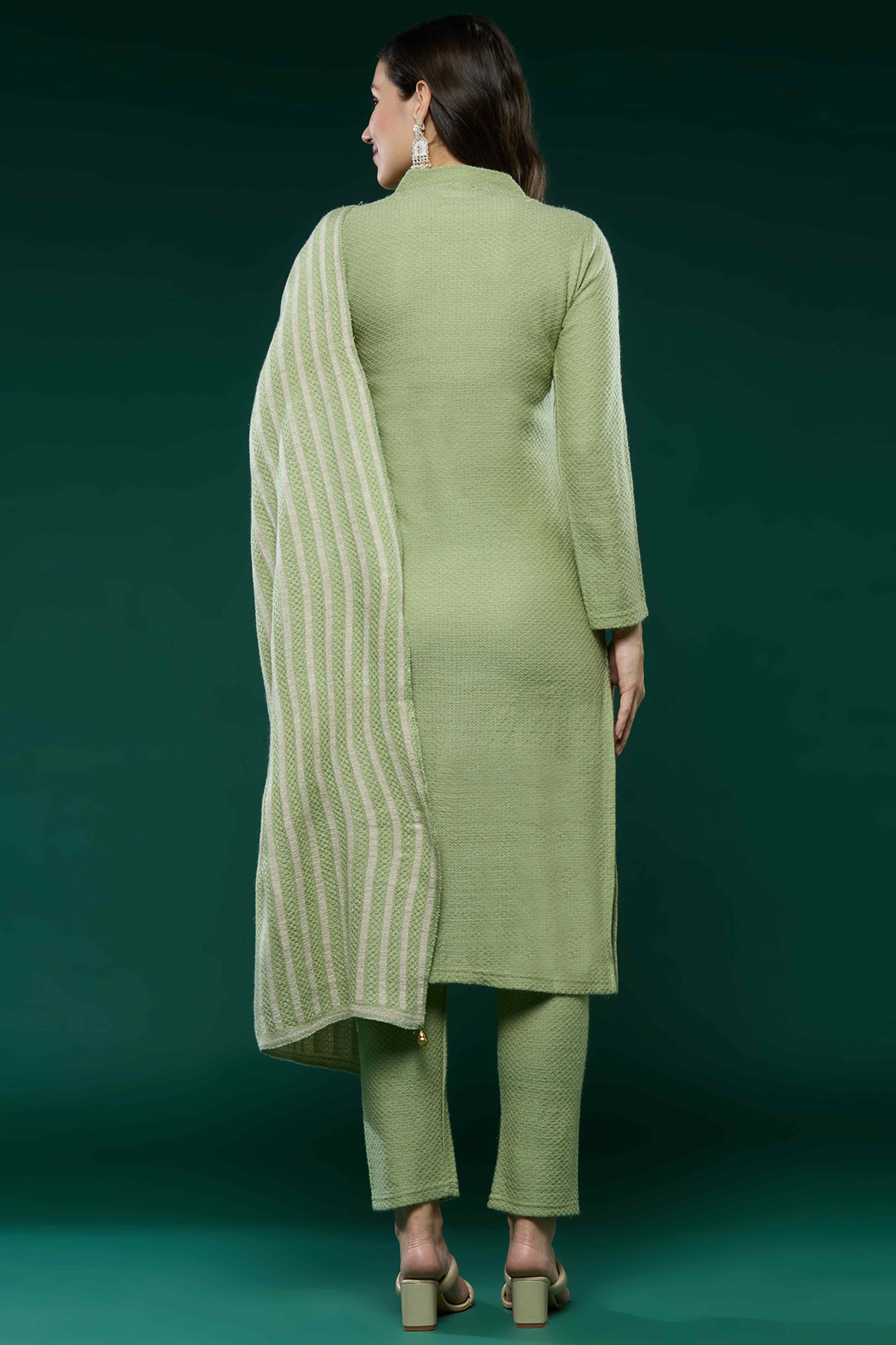 Green Woven Woolen Straight Salwar Suit