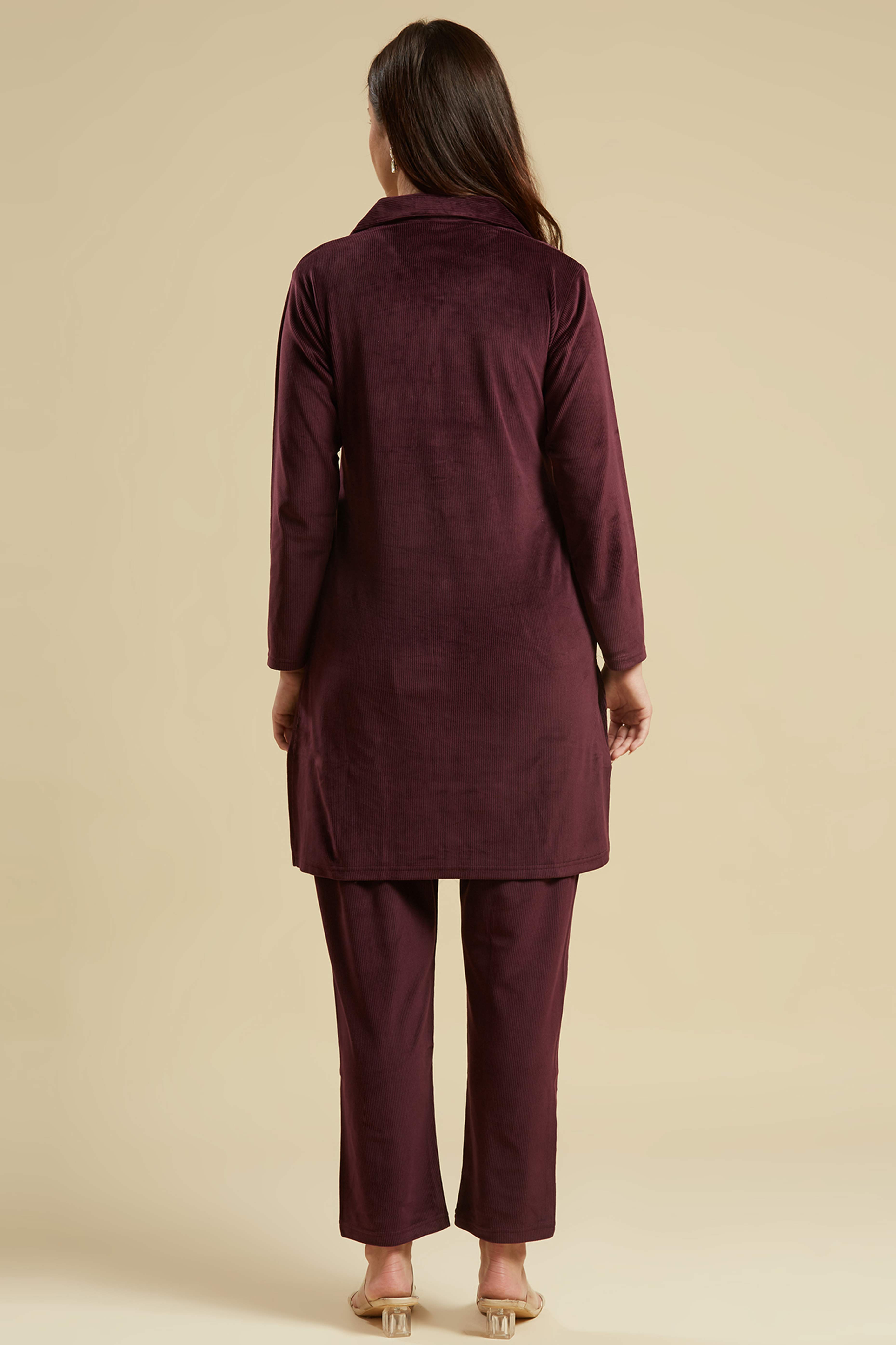 Wine Embroidered Velvet A-Line Top Bottom Set