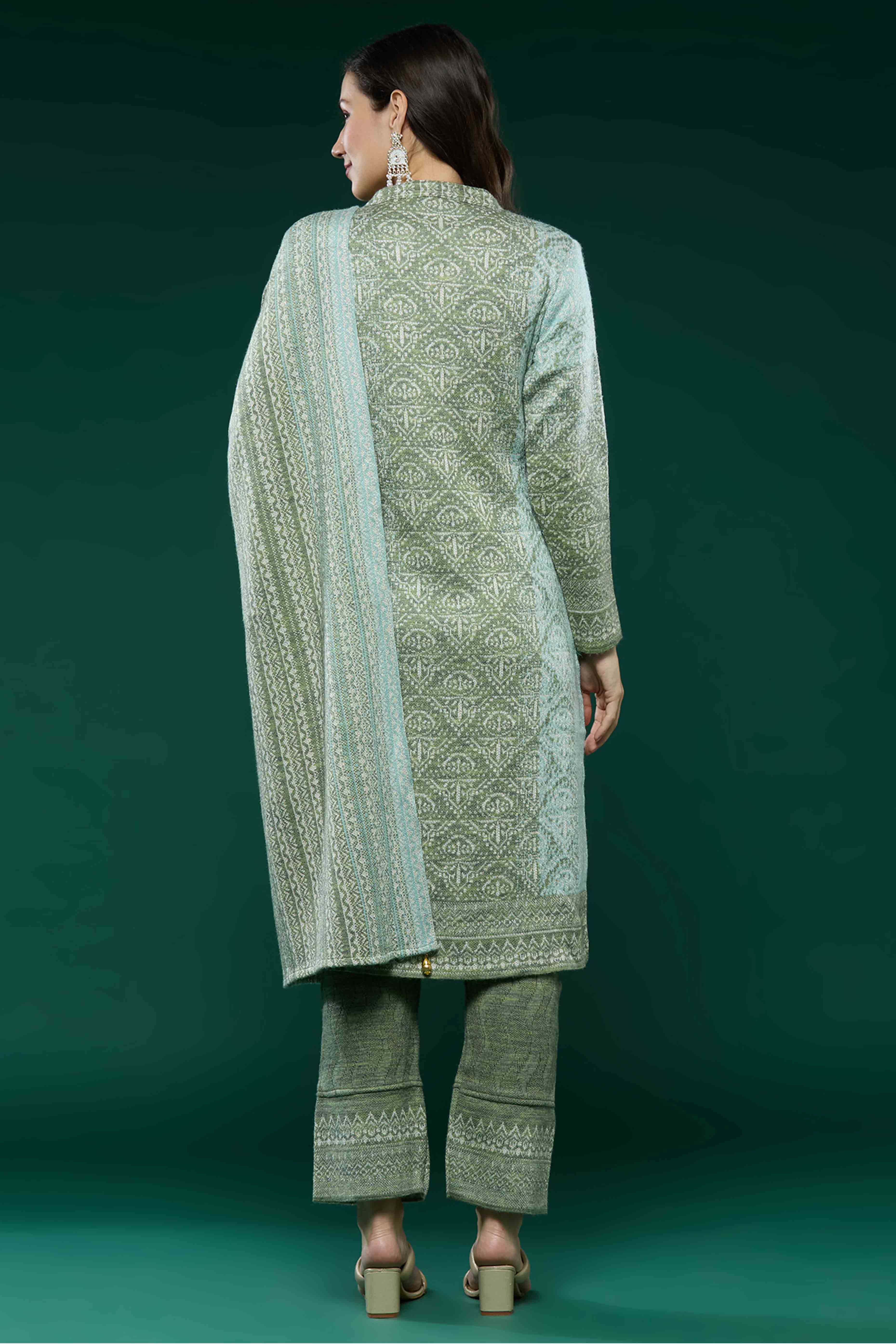 Green Woven Woolen Straight Salwar Suit