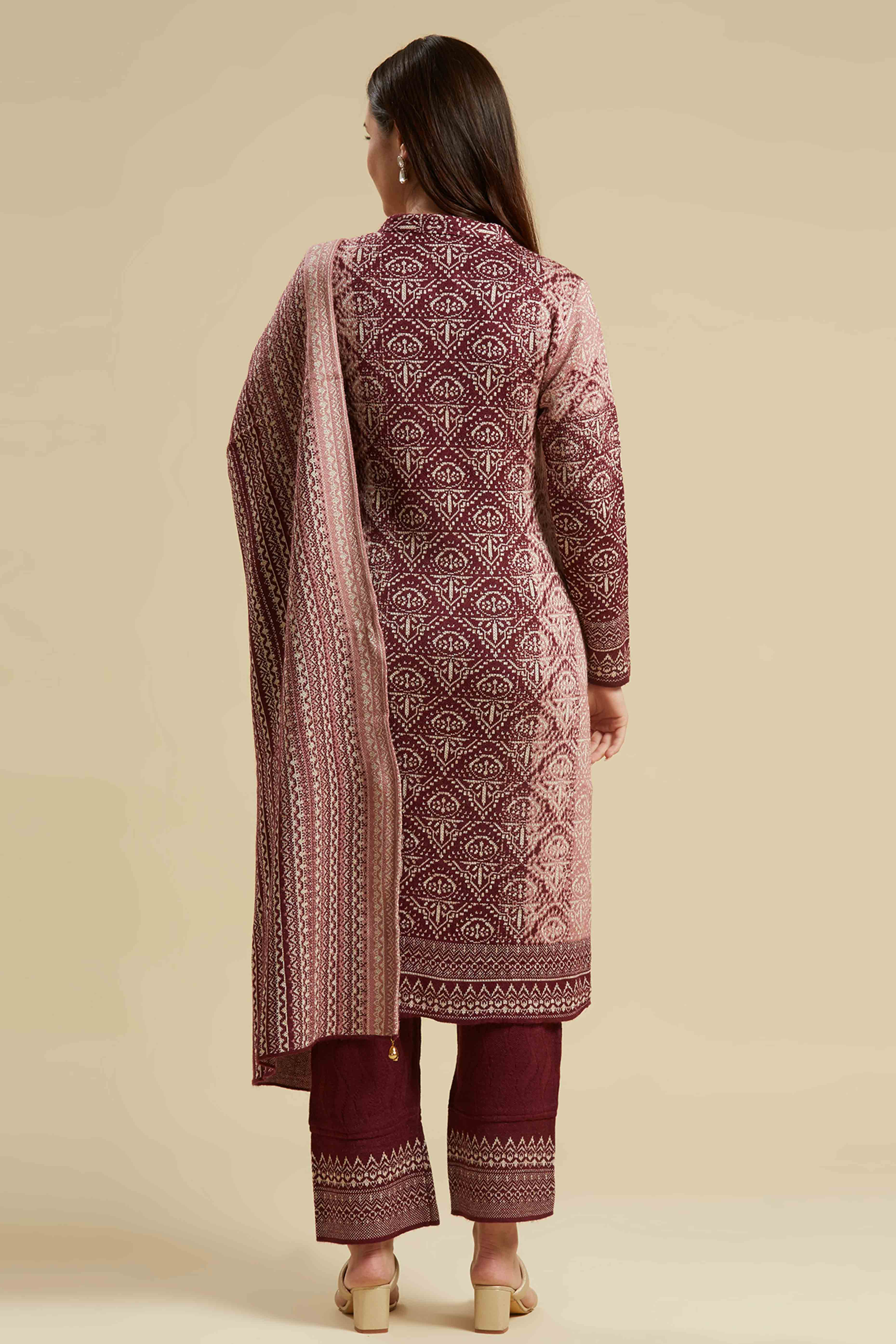 Wine Embroidered Woolen Straight Salwar Suit