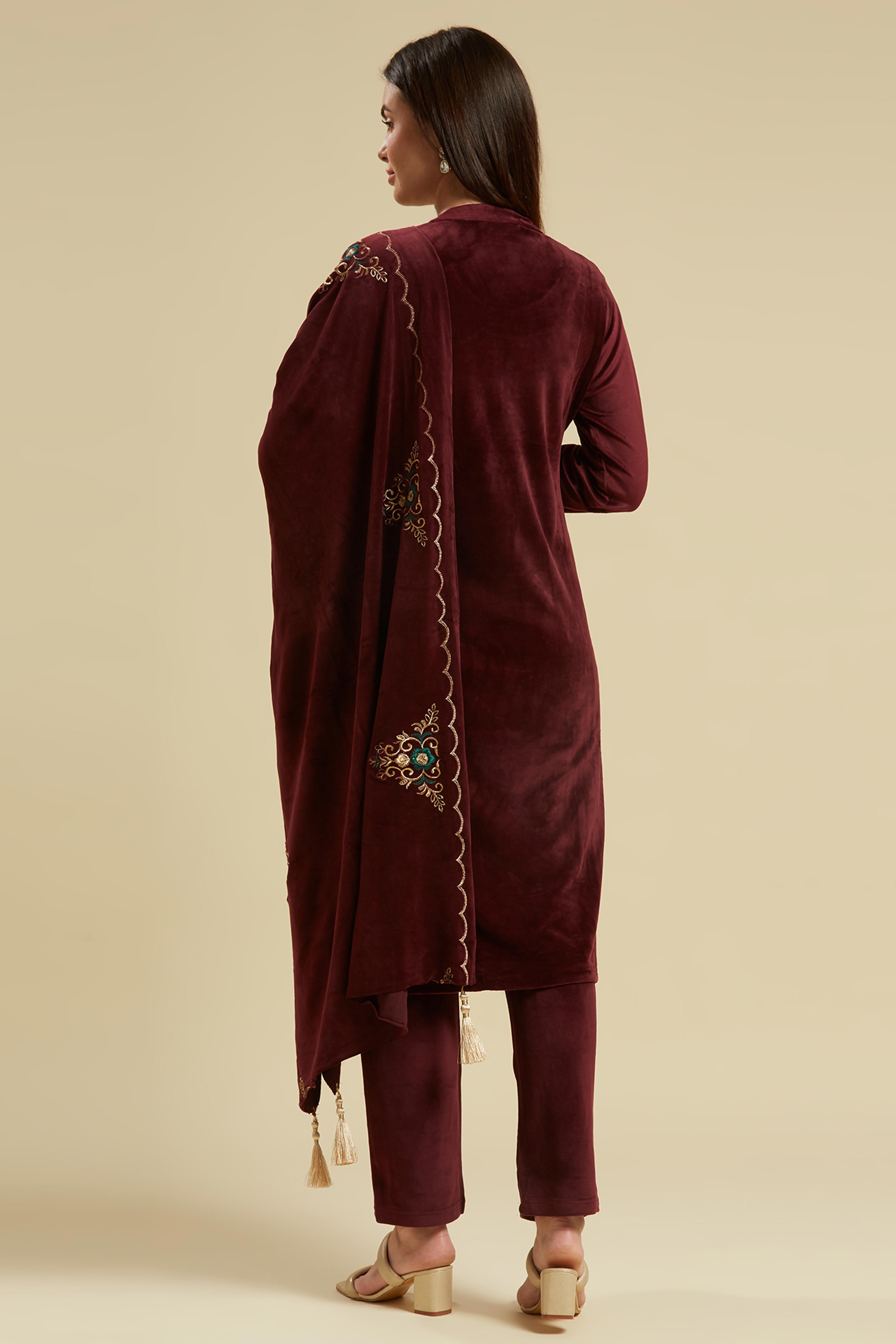 Wine Embroidered Velvet Straight Salwar Suit