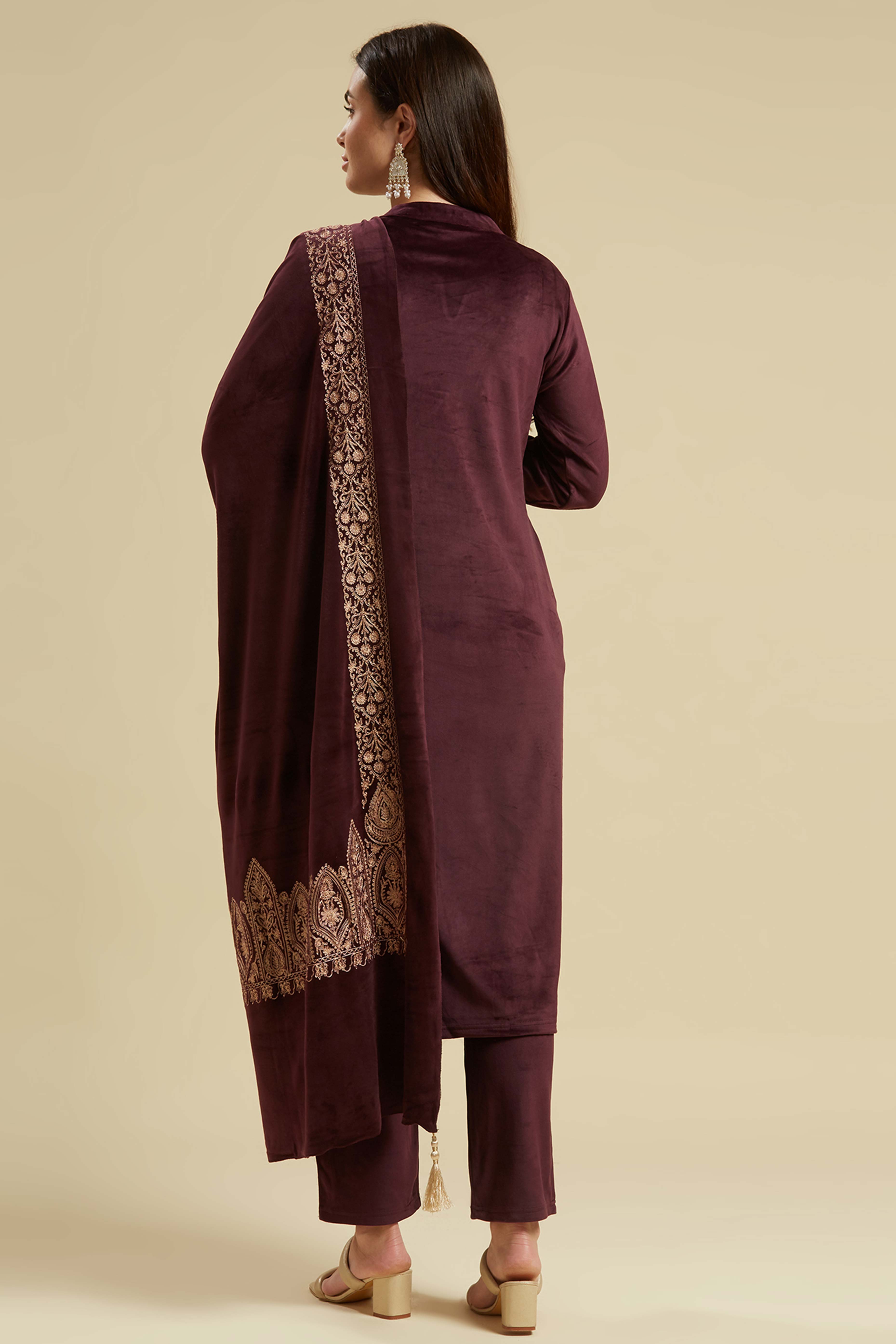 Wine Embroidered Velvet Straight Salwar Suit