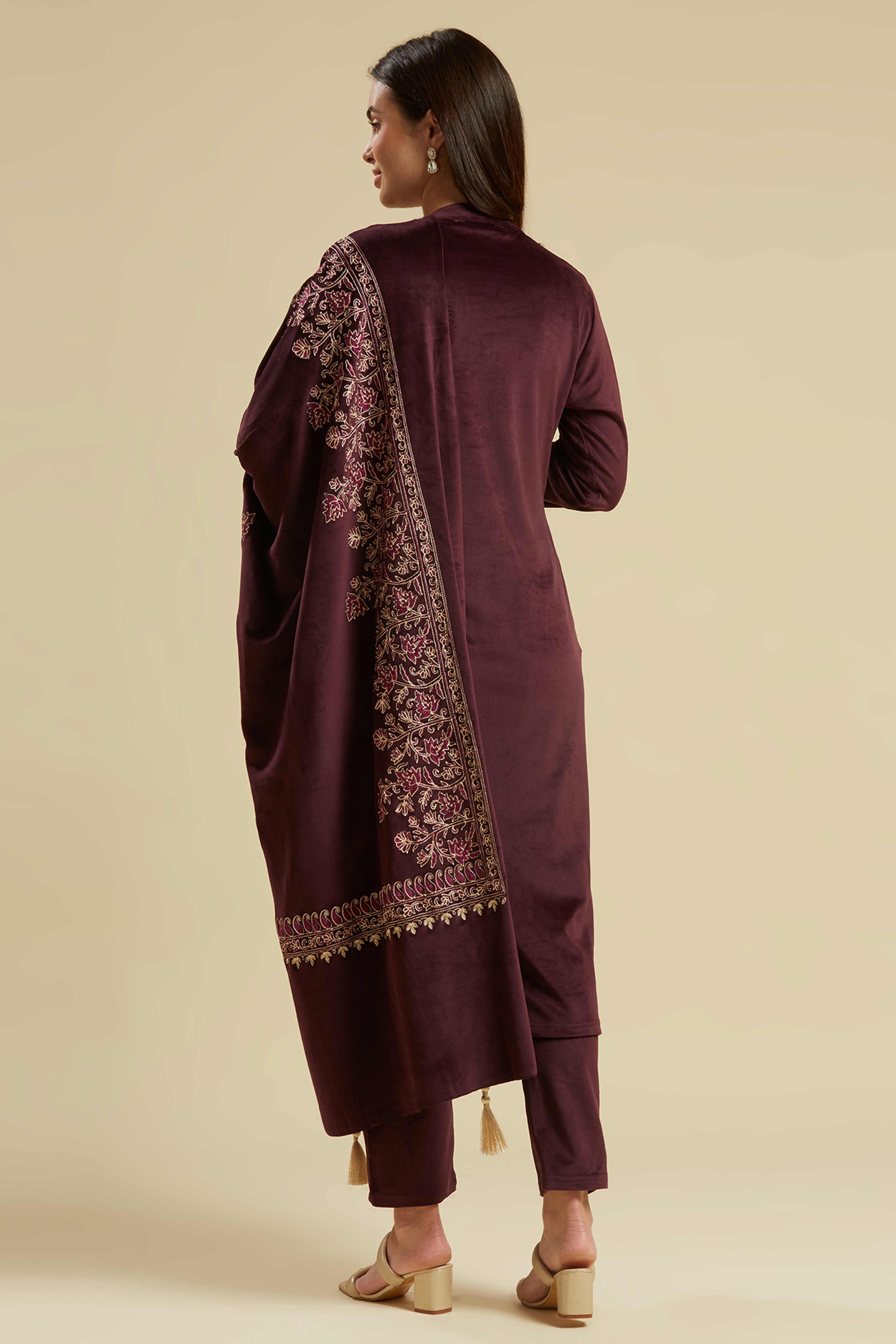 Wine Embroidered Velvet Straight Salwar Suit