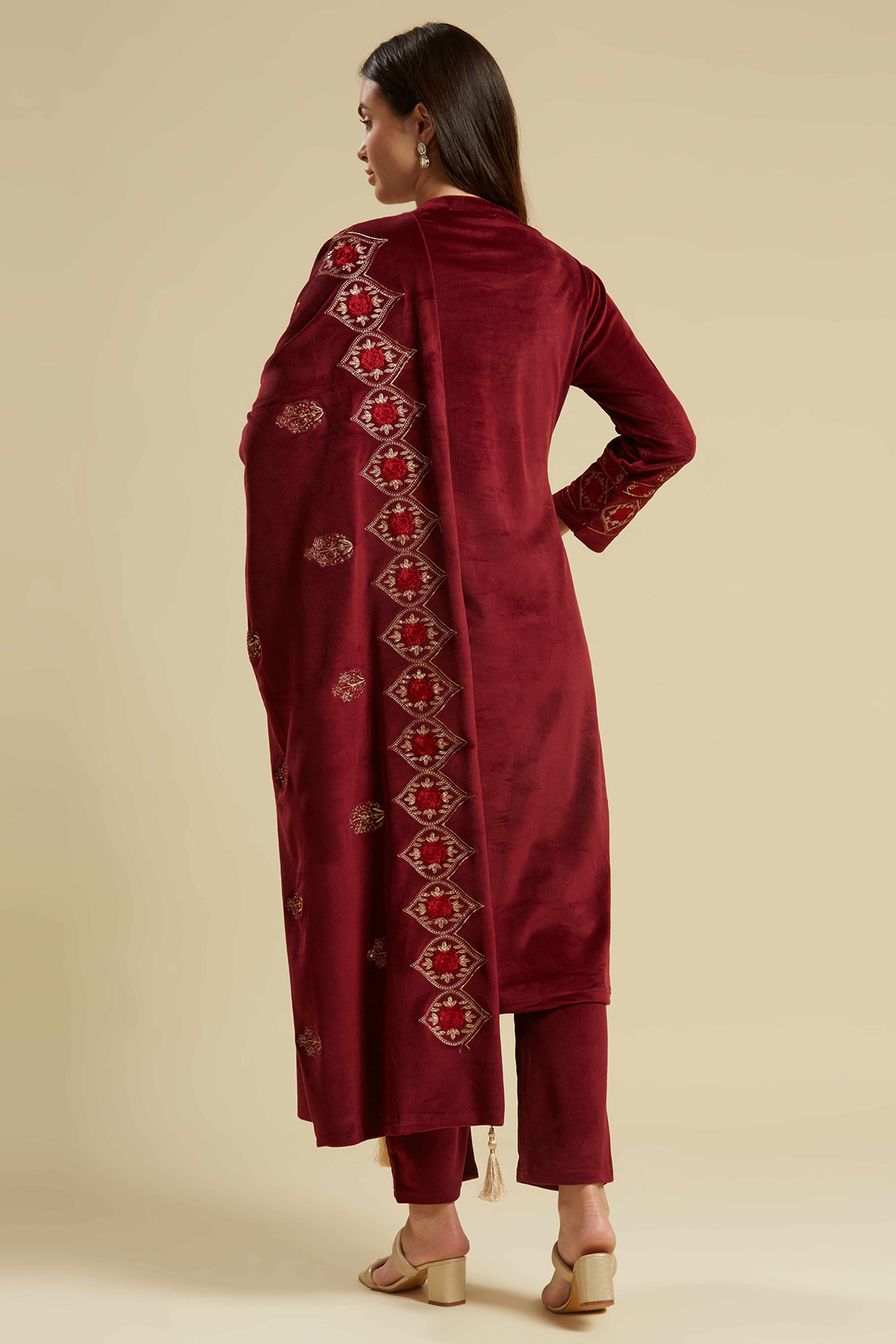 Maroon Embroidered Velvet Straight Salwar Suit