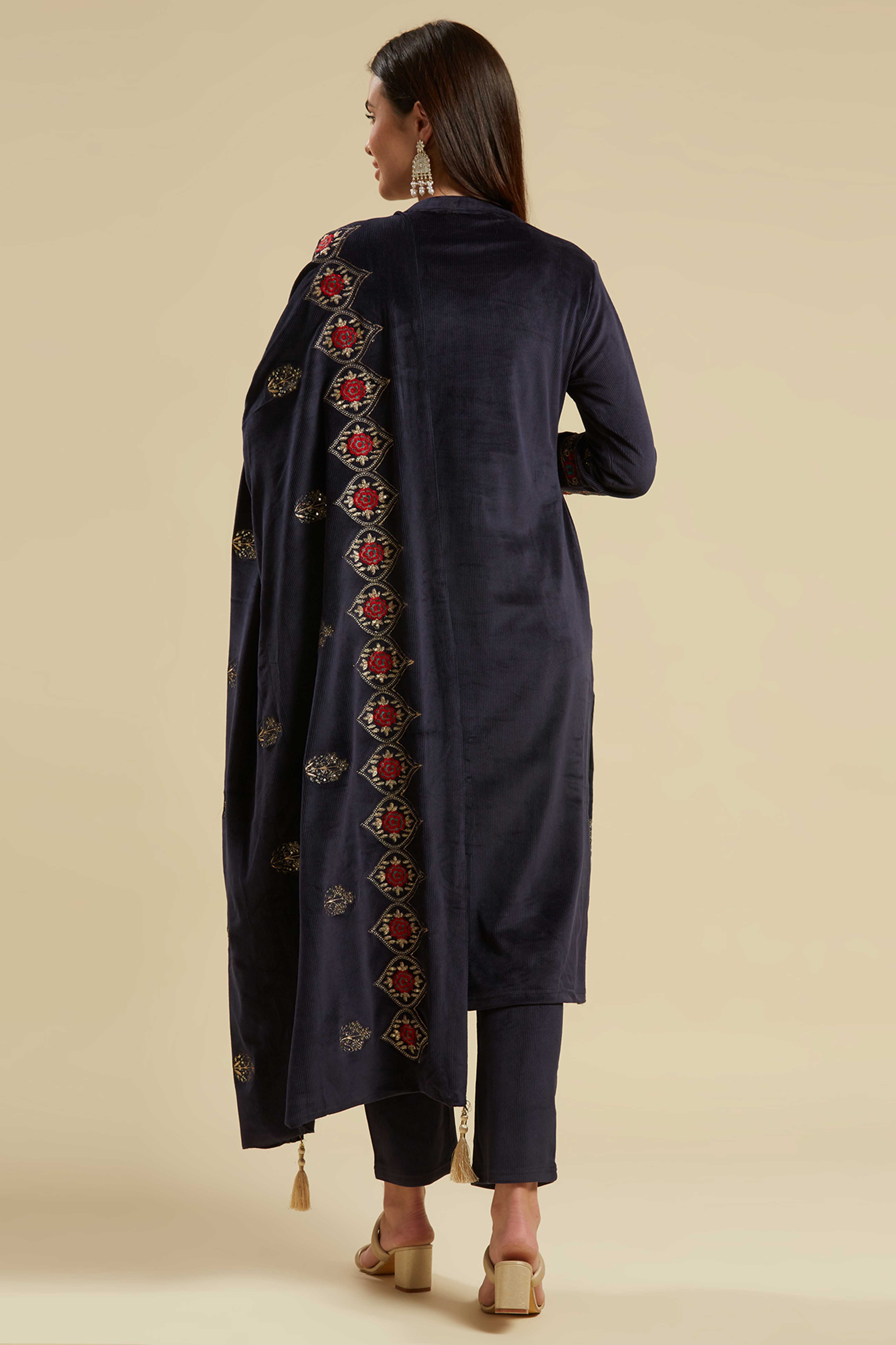 Navy Blue Embroidered Velvet Straight Salwar Suit