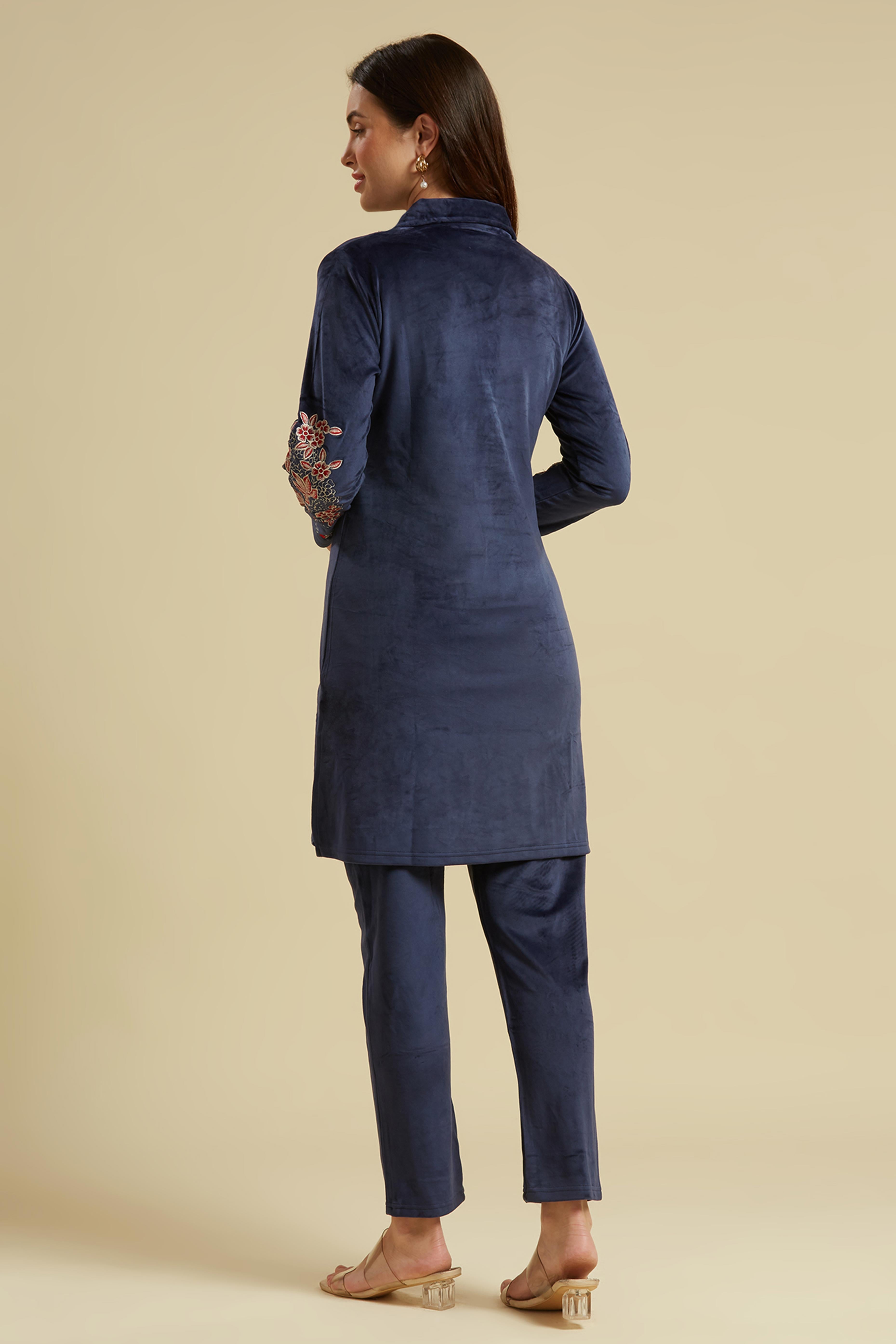 Navy Blue Embroidered Velvet Straight Top Bottom Set